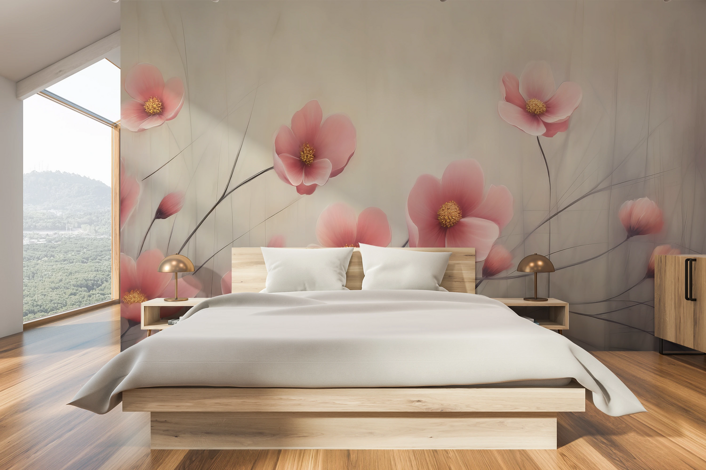 Wzór fototapety malowanej o nazwie Delicate Bloom pokazanej w aranżacji wnętrza.