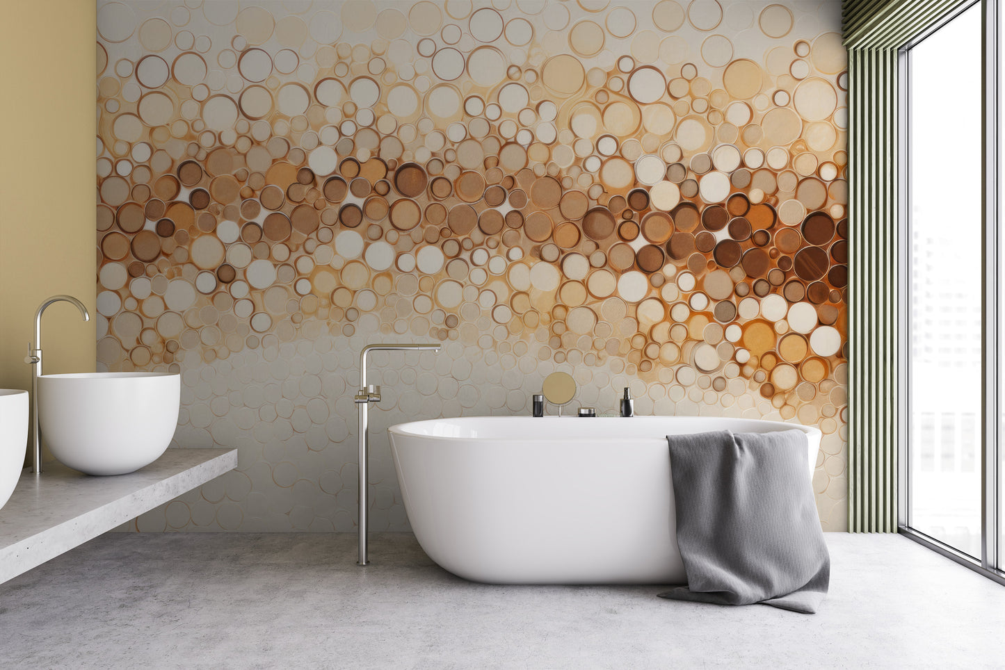 Wzór fototapety malowanej o nazwie AMBER BUBBLES CASCADE pokazanej w aranżacji wnętrza.