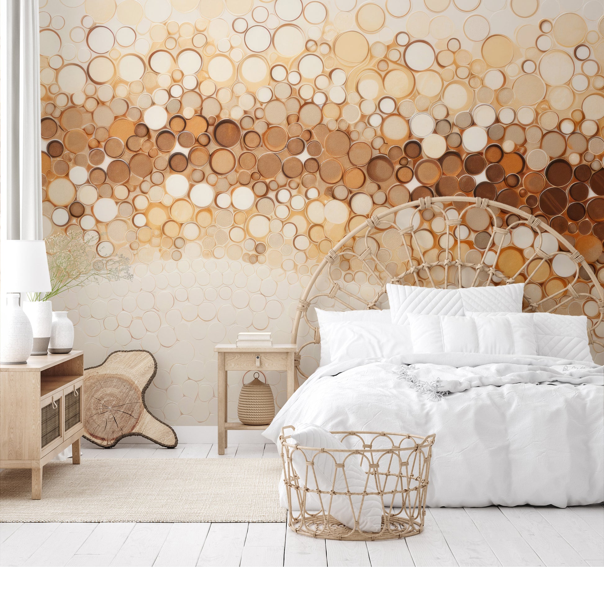 Wzór fototapety o nazwie AMBER BUBBLES CASCADE pokazanej w kontekście pomieszczenia.