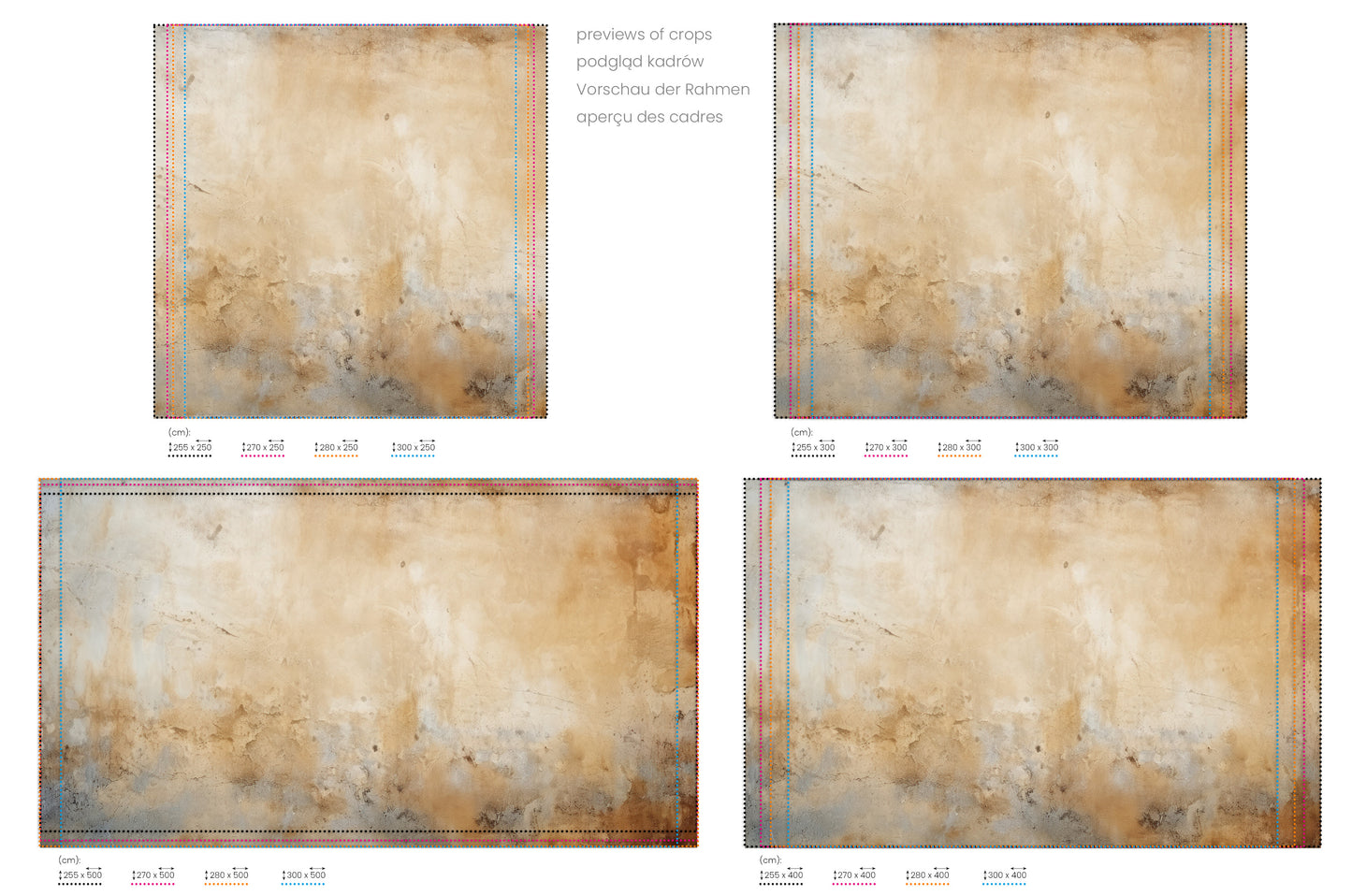 Na obrazie znajduje się prezentacja przykładowych rozmiarów fototapety o nazwie ANCIENT SCROLL CANVAS. Rozmiar fototapety jest dowolny.