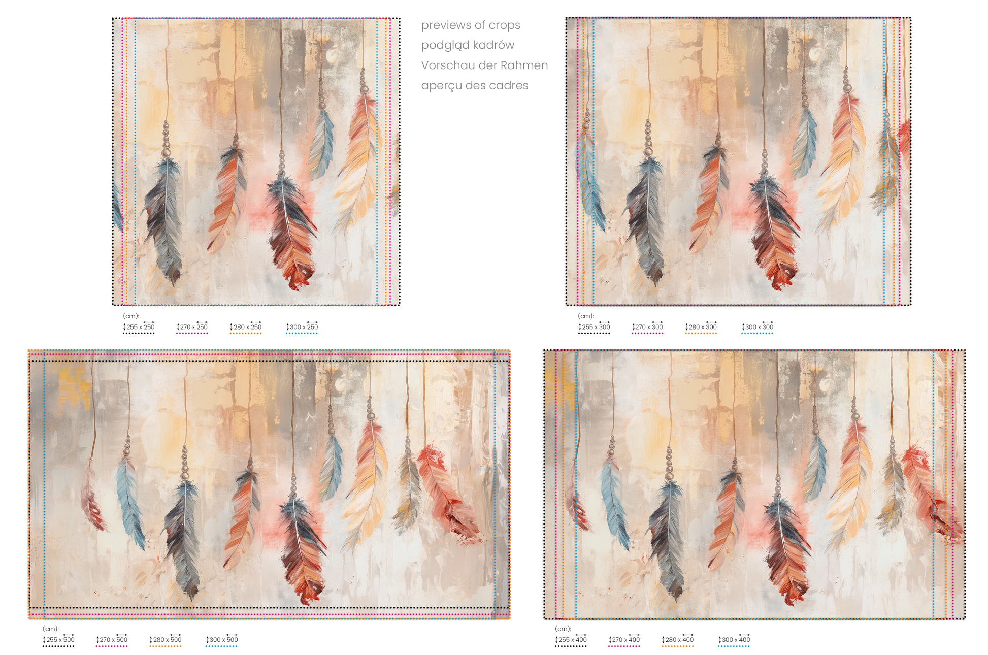 Na obrazie znajduje się prezentacja przykładowych rozmiarów fototapety o nazwie Abstract Feathers. Rozmiar fototapety jest dowolny.