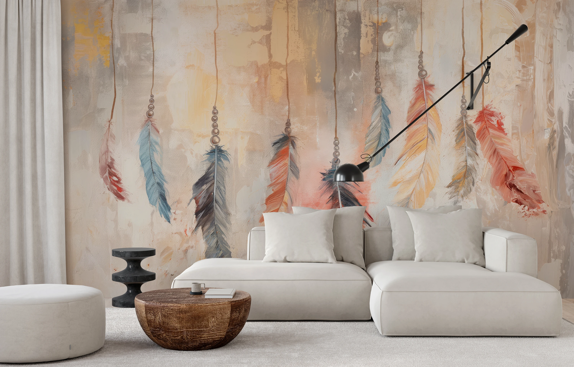 Wzór fototapety o nazwie Abstract Feathers pokazanej w kontekście pomieszczenia.