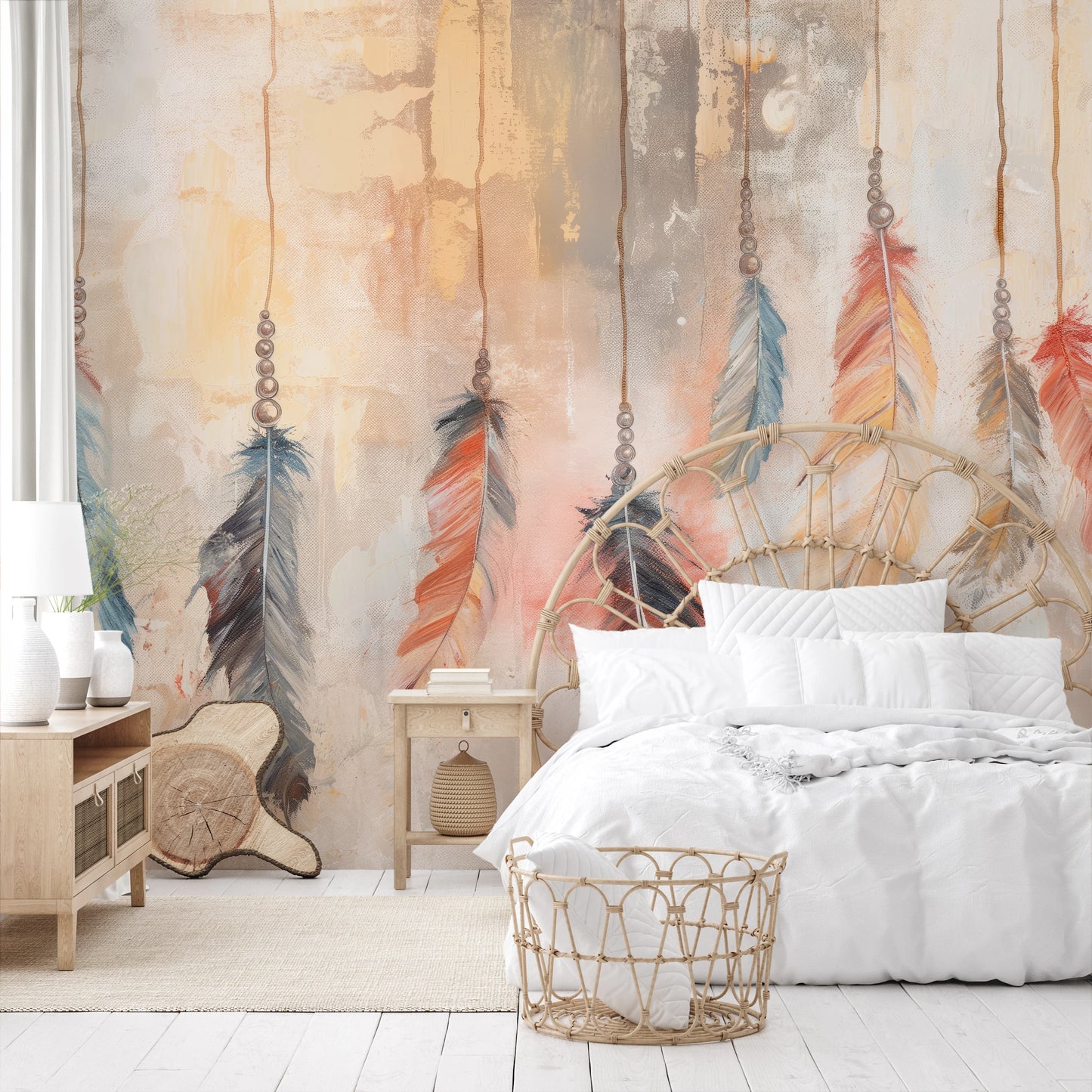 Wzór fototapety artystycznej o nazwie Abstract Feathers pokazanej w aranżacji wnętrza.