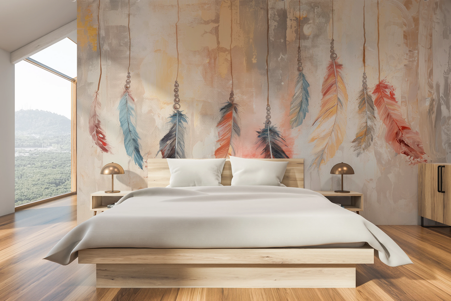 Wzór fototapety artystycznej o nazwie Abstract Feathers pokazanej w aranżacji wnętrza.