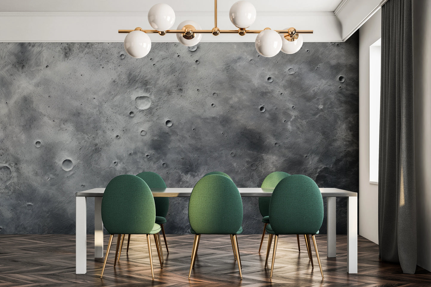 Wzór fototapety malowanej o nazwie Pluto's Mystery pokazanej w aranżacji wnętrza.