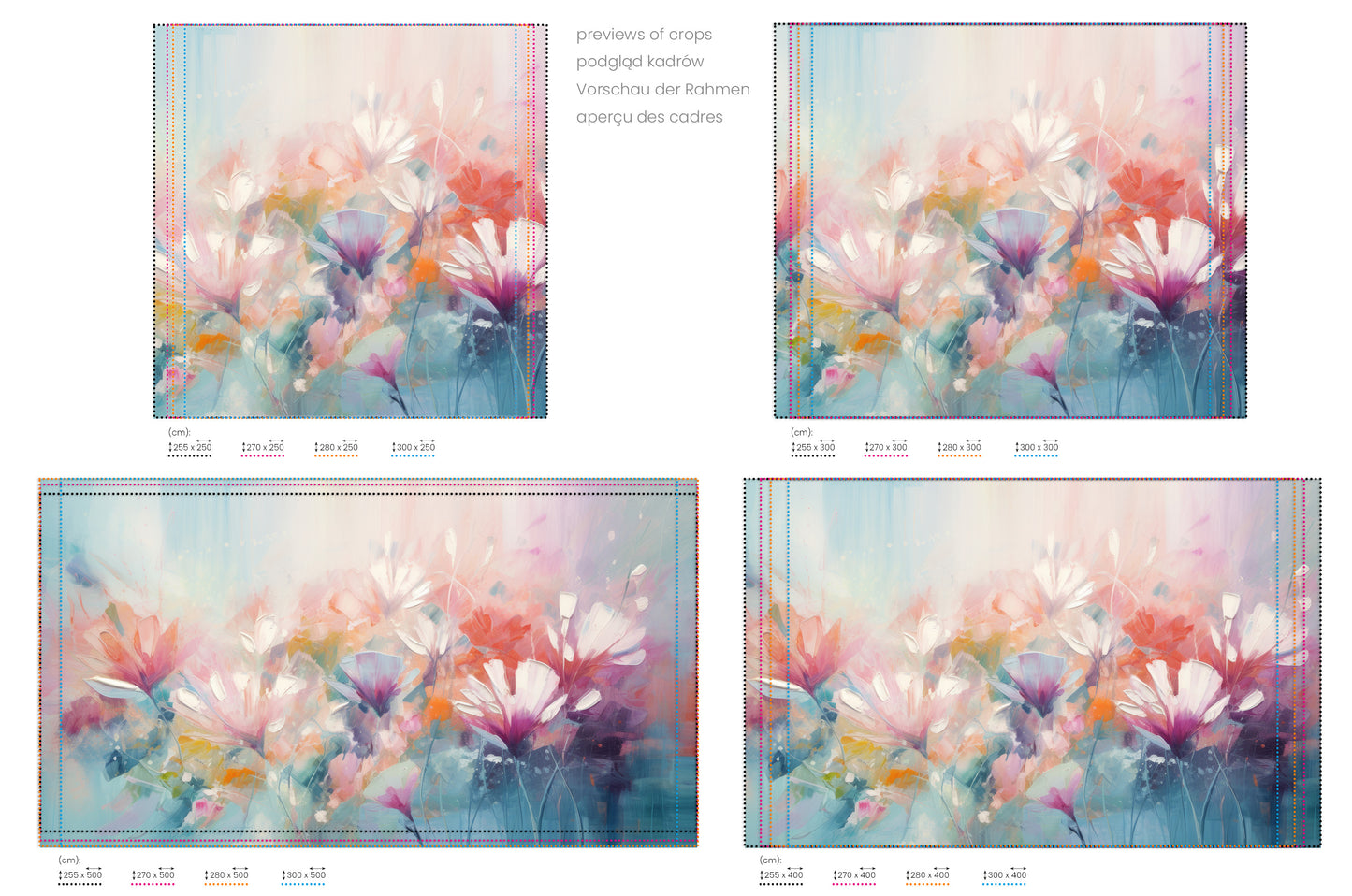 Na obrazie znajduje się prezentacja przykładowych rozmiarów fototapety o nazwie Lively Floral Symphony. Rozmiar fototapety jest dowolny.