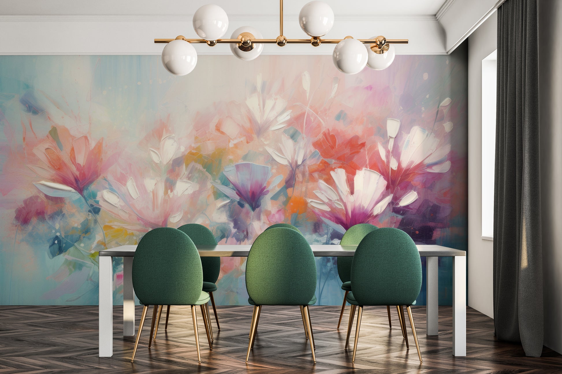 Wzór fototapety malowanej o nazwie Lively Floral Symphony pokazanej w aranżacji wnętrza.