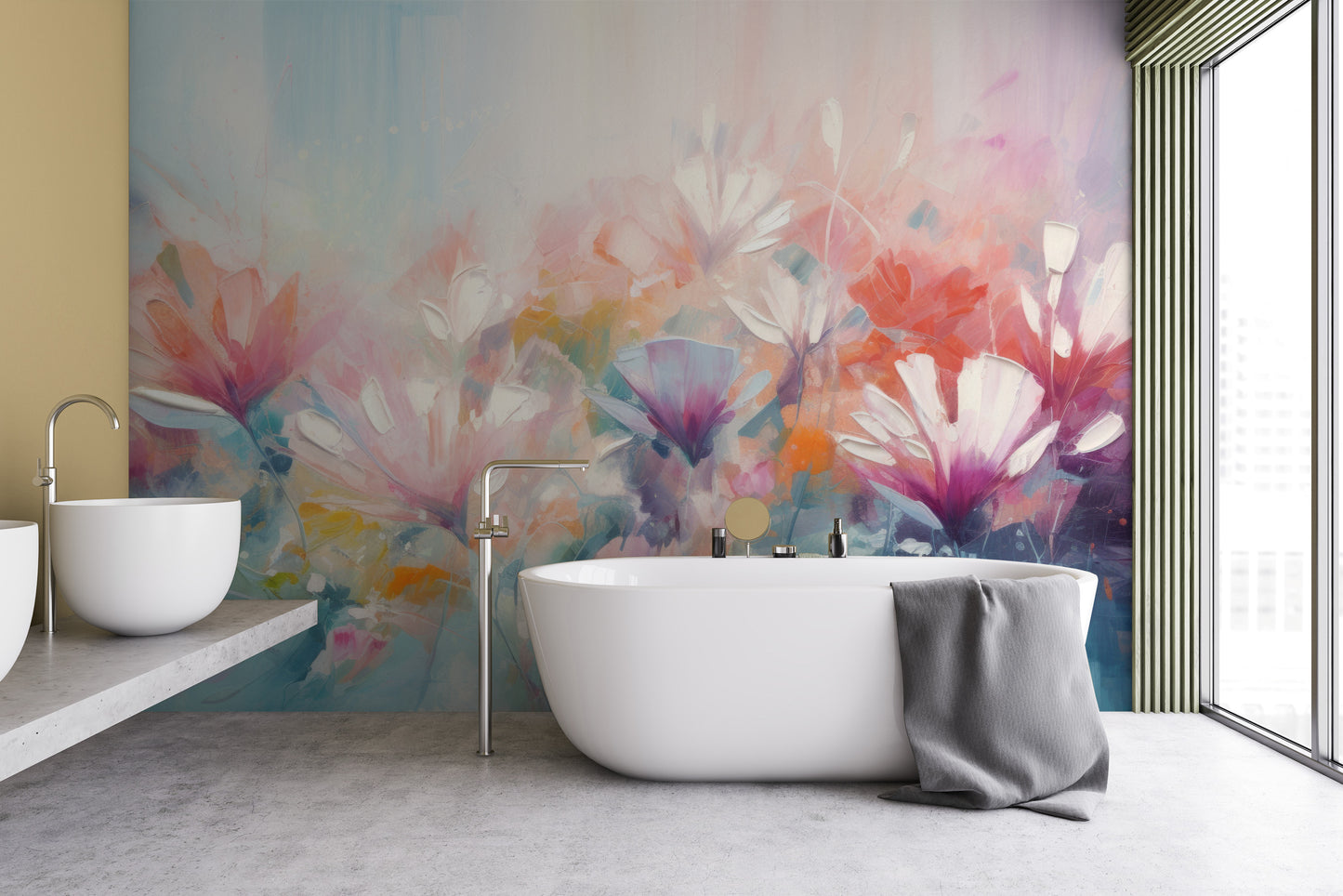 Wzór fototapety o nazwie Lively Floral Symphony pokazanej w kontekście pomieszczenia.