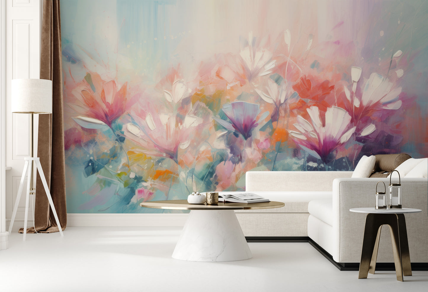 Fototapeta artystyczna o nazwie Lively Floral Symphony pokazana w aranżacji wnętrza.