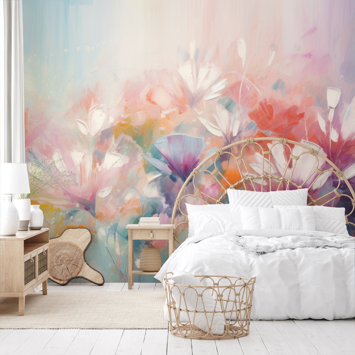 Zdjęcie prezentuje aranżację wnętrza z użyciem fototapety o nazwie Lively Floral Symphony pokazanej w aranżacji wnętrza.