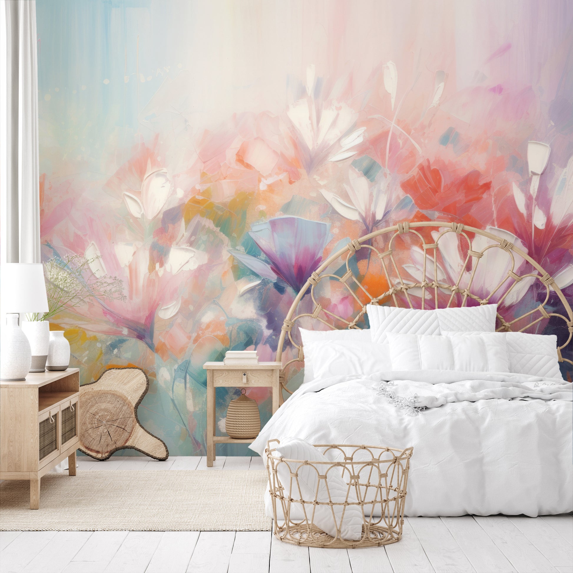 Zdjęcie prezentuje aranżację wnętrza z użyciem fototapety o nazwie Lively Floral Symphony pokazanej w aranżacji wnętrza.