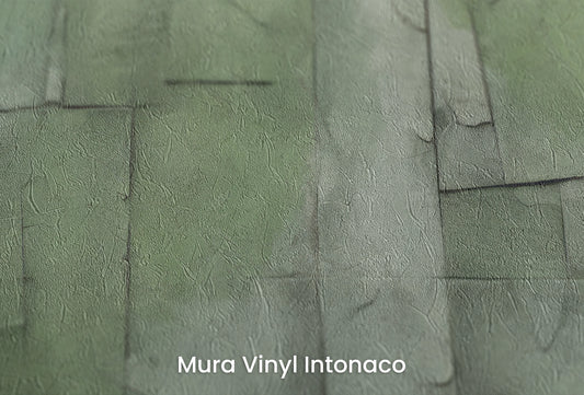 Zbliżenie na artystyczną fototapetę o nazwie Sage Brushstrokes na podłożu Mura Vinyl Intonaco - struktura tartego tynku.