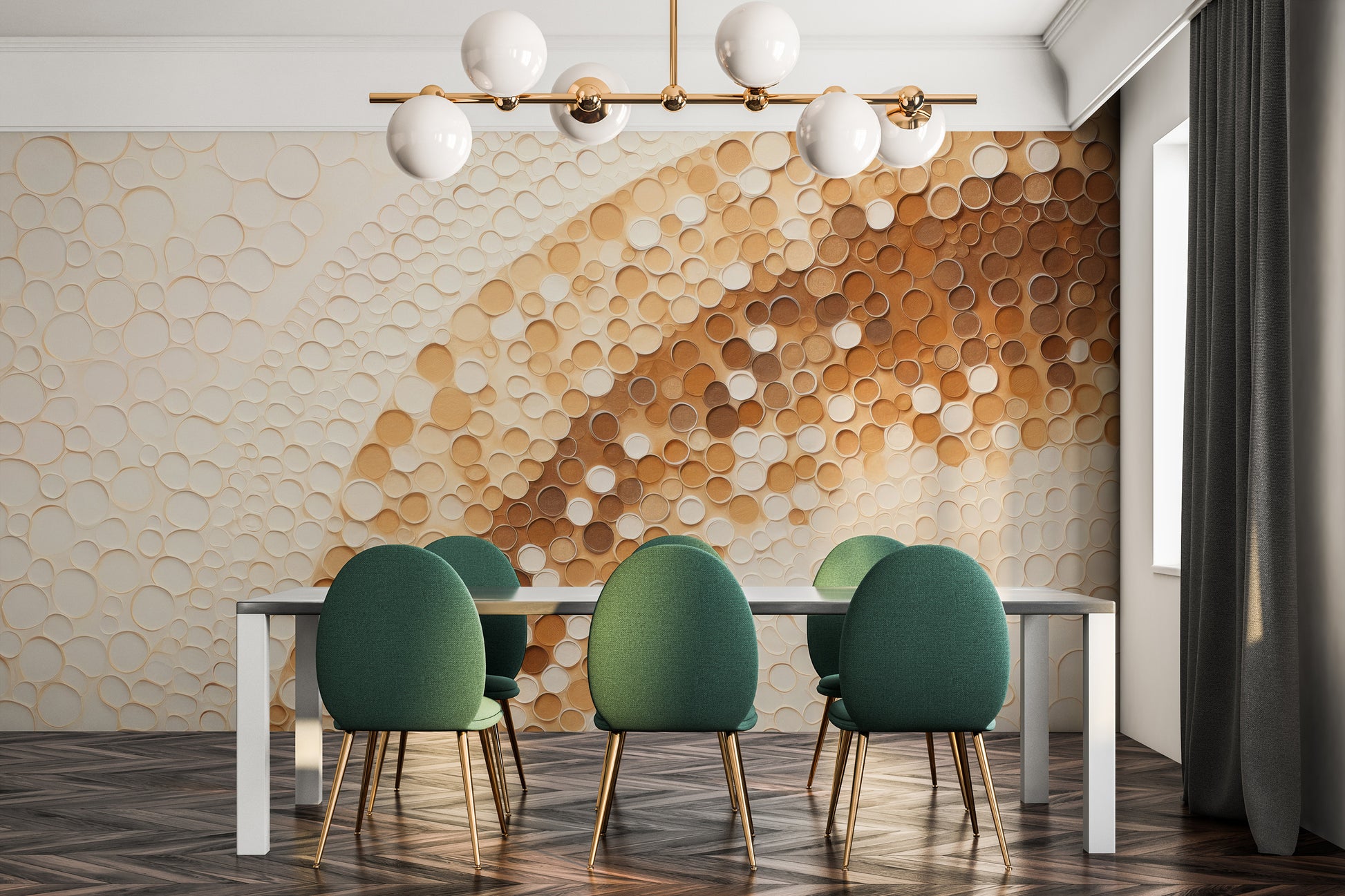 Fototapeta artystyczna o nazwie GOLDEN BUBBLE SWARM pokazana w aranżacji wnętrza.