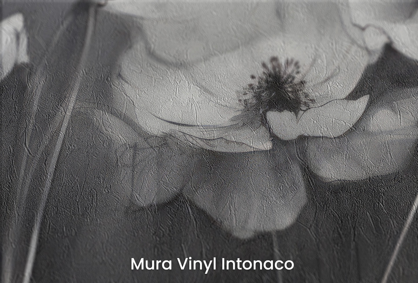 Zbliżenie na artystyczną fototapetę o nazwie SHADOWED PETALS SYMPHONY na podłożu Mura Vinyl Intonaco - struktura tartego tynku.