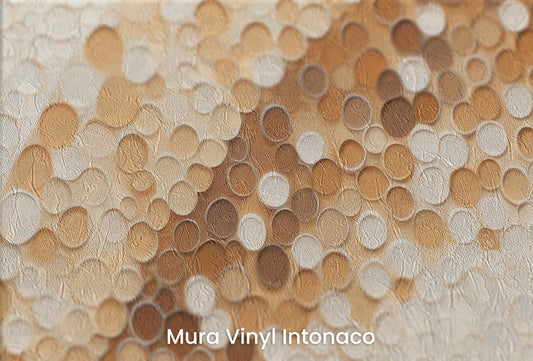 Zbliżenie na artystyczną fototapetę o nazwie GOLDEN BUBBLE SWARM na podłożu Mura Vinyl Intonaco - struktura tartego tynku.