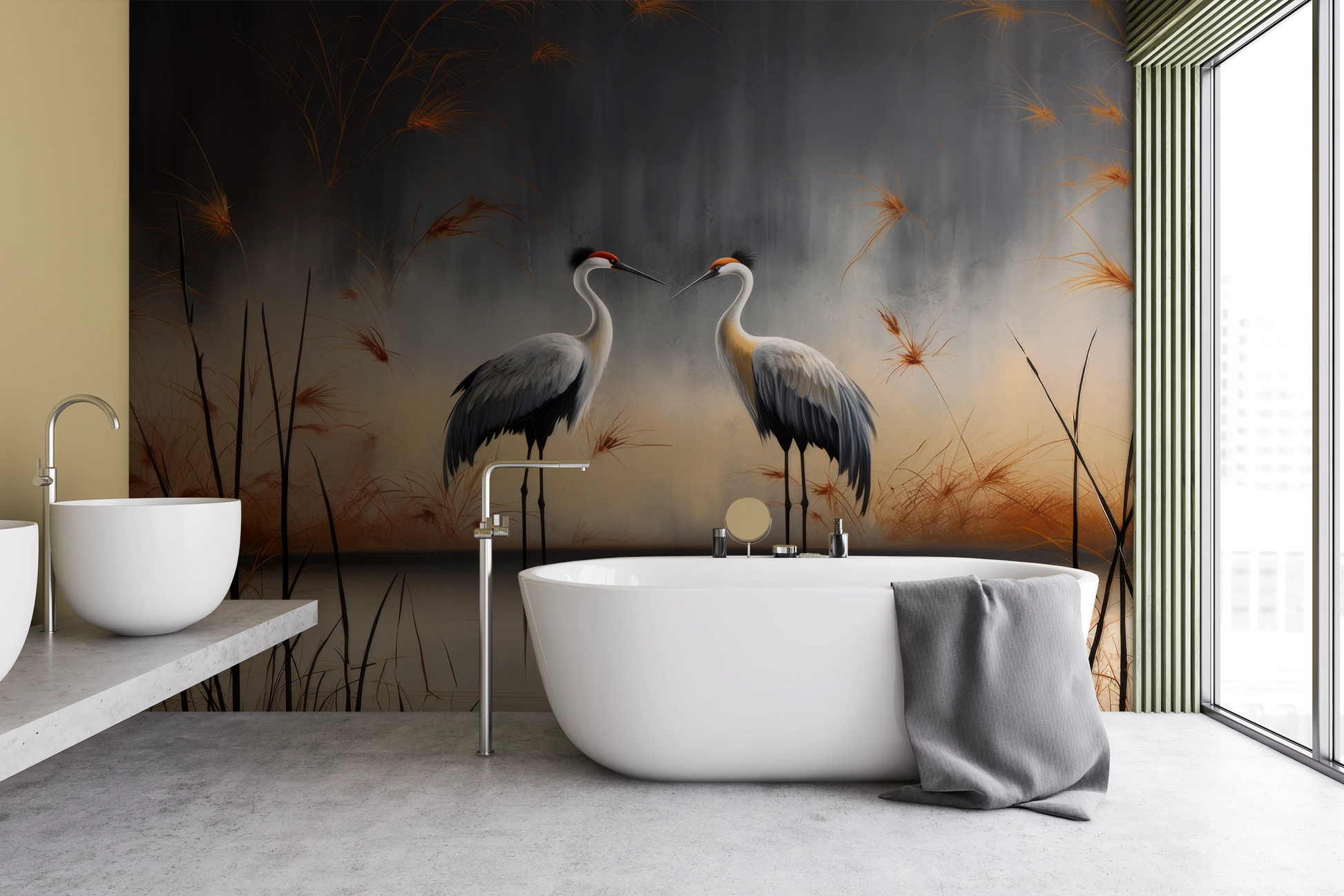 Wzór fototapety artystycznej o nazwie Dusk Serenity pokazanej w aranżacji wnętrza.