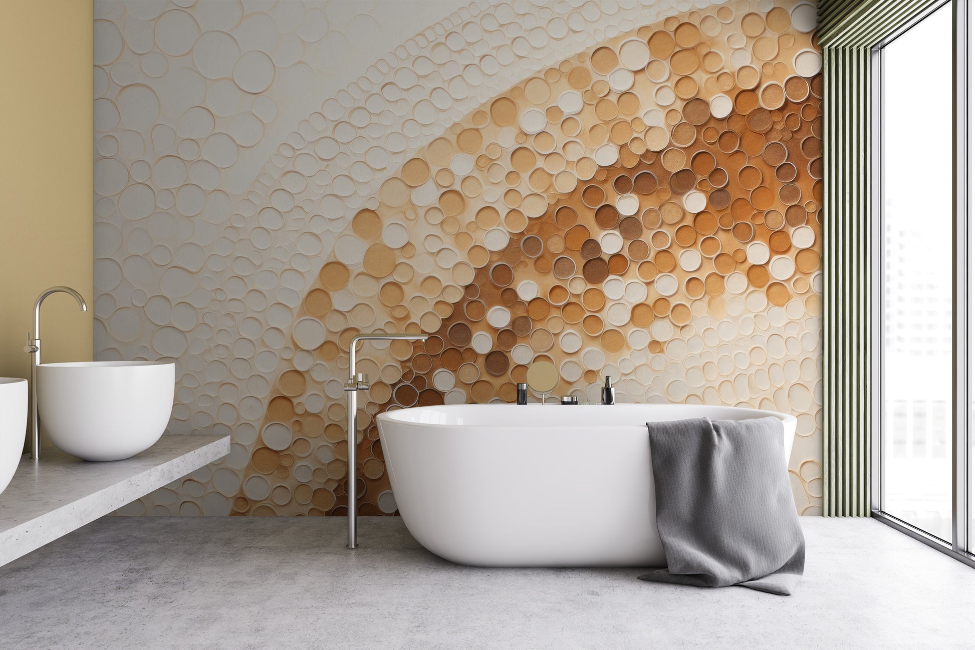 Wzór fototapety artystycznej o nazwie GOLDEN BUBBLE SWARM pokazanej w aranżacji wnętrza.