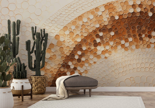 Wzór fototapety artystycznej o nazwie GOLDEN BUBBLE SWARM pokazanej w aranżacji wnętrza.