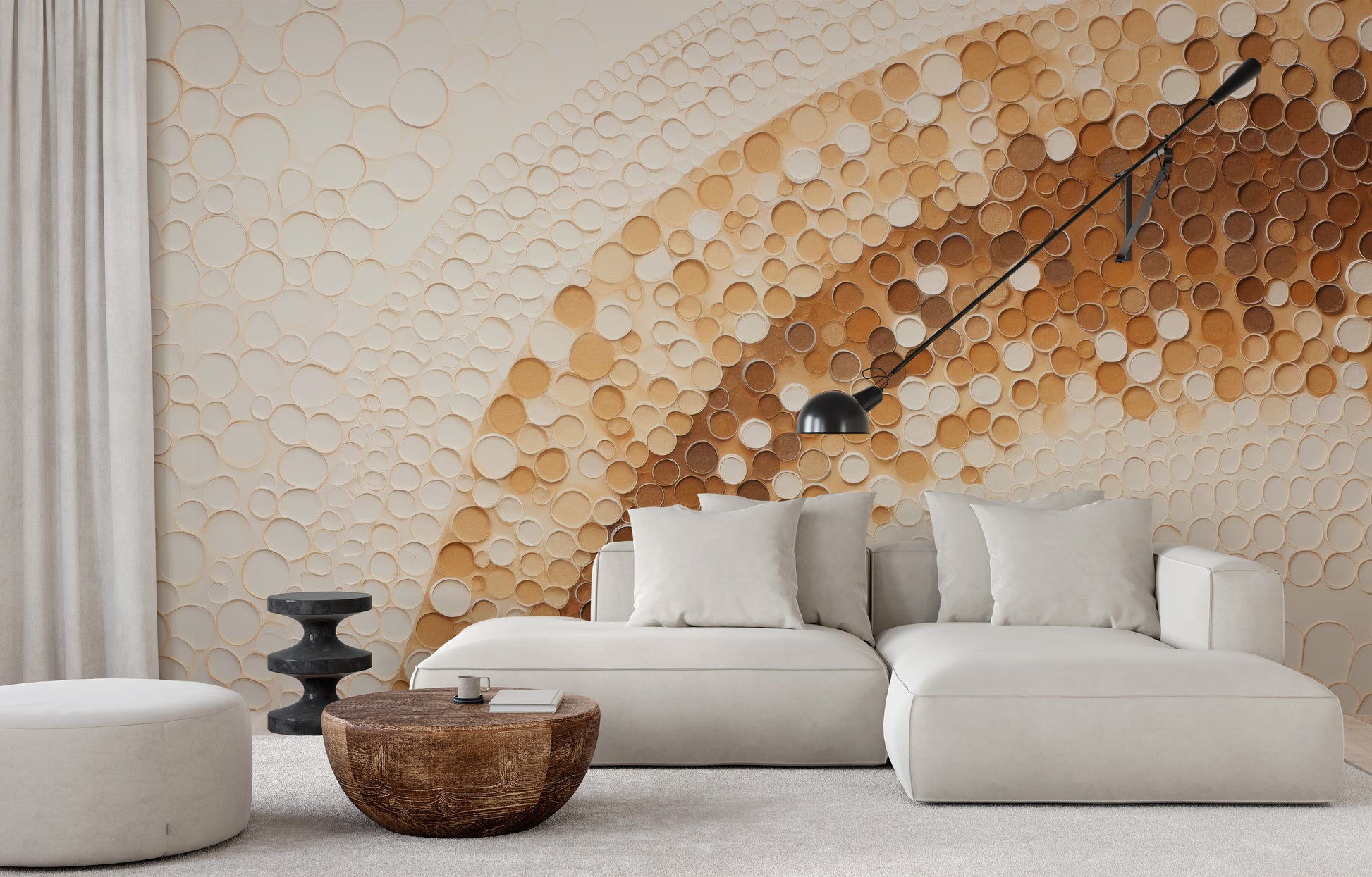 Fototapeta malowana o nazwie GOLDEN BUBBLE SWARM pokazana w aranżacji wnętrza.