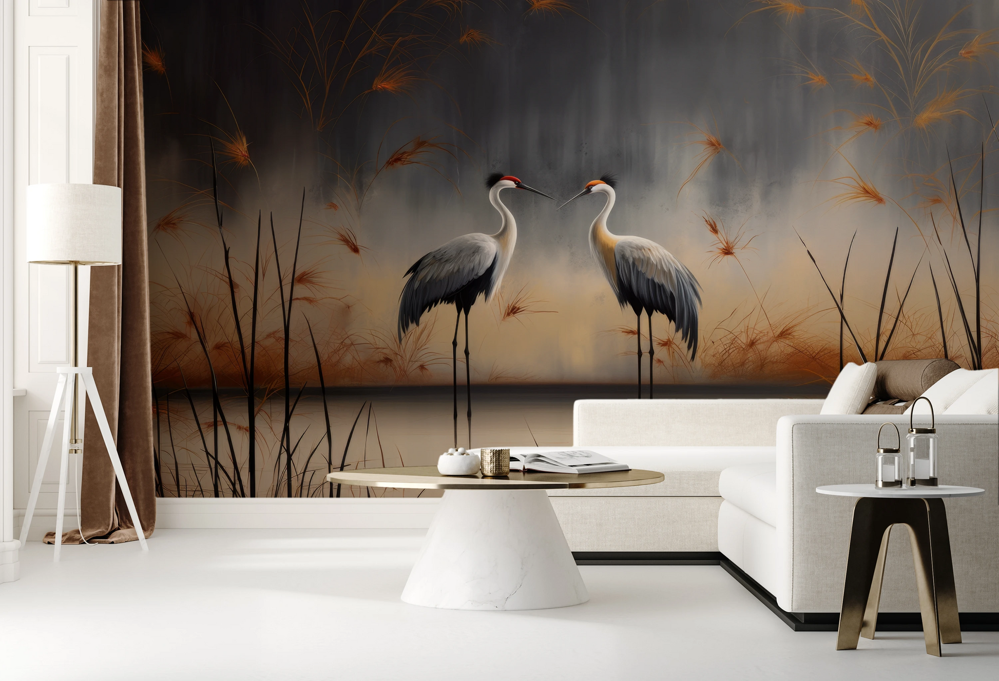 Zdjęcie prezentuje aranżację wnętrza z użyciem fototapety o nazwie Dusk Serenity pokazanej w aranżacji wnętrza.