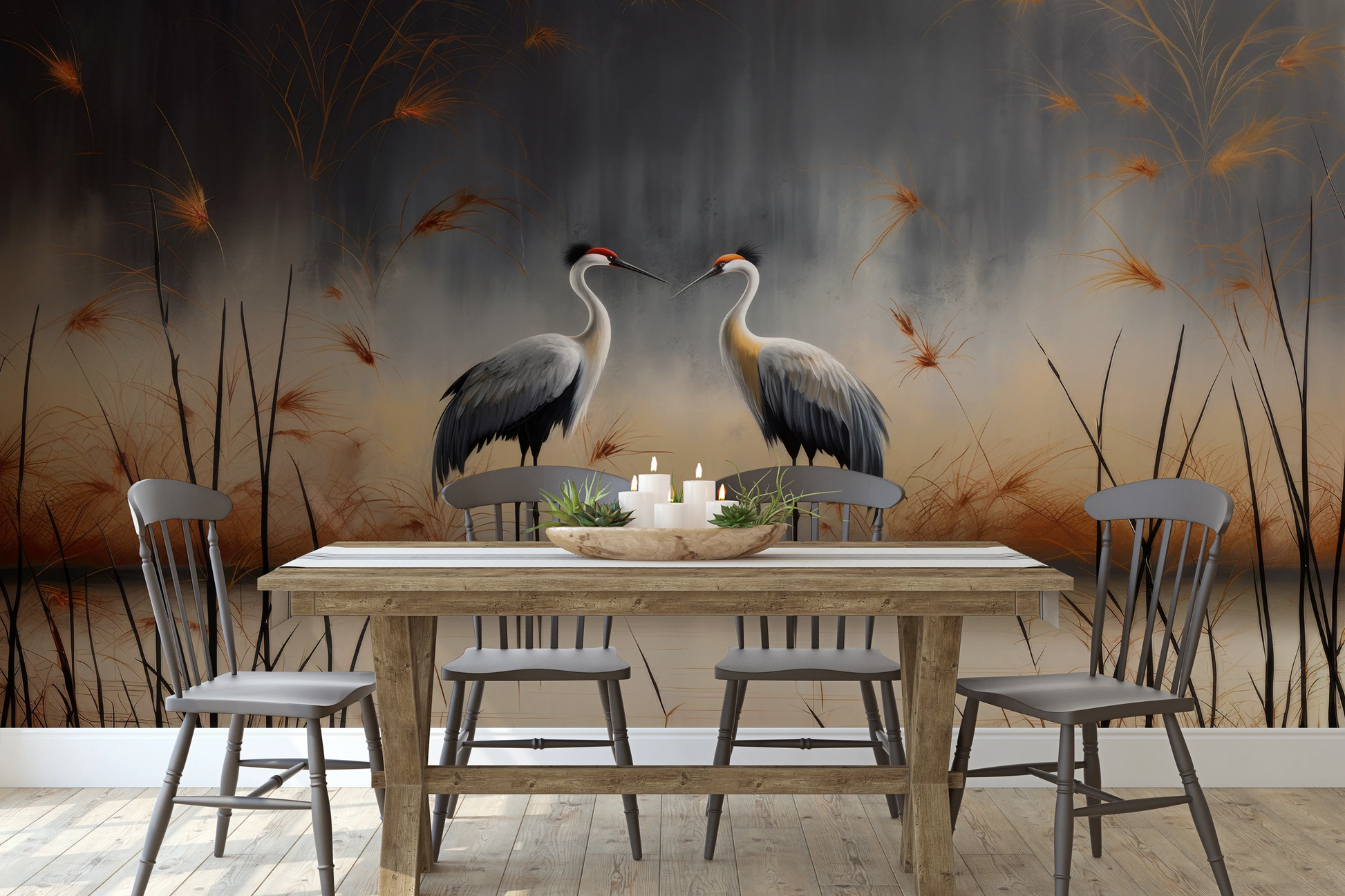 Wzór fototapety malowanej o nazwie Dusk Serenity pokazanej w aranżacji wnętrza.