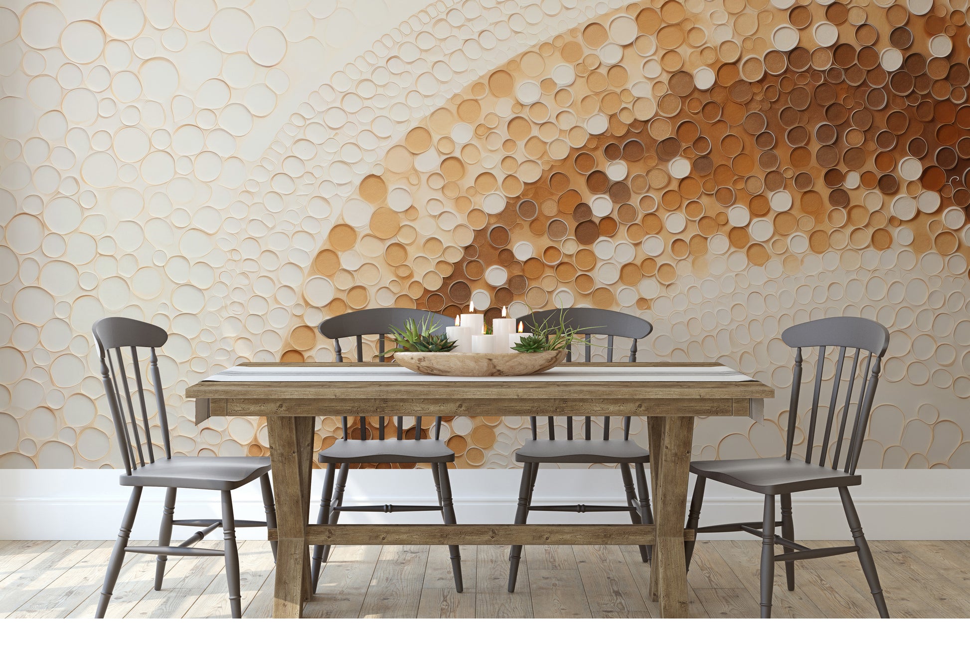 Zdjęcie prezentuje aranżację wnętrza z użyciem fototapety o nazwie GOLDEN BUBBLE SWARM pokazanej w aranżacji wnętrza.
