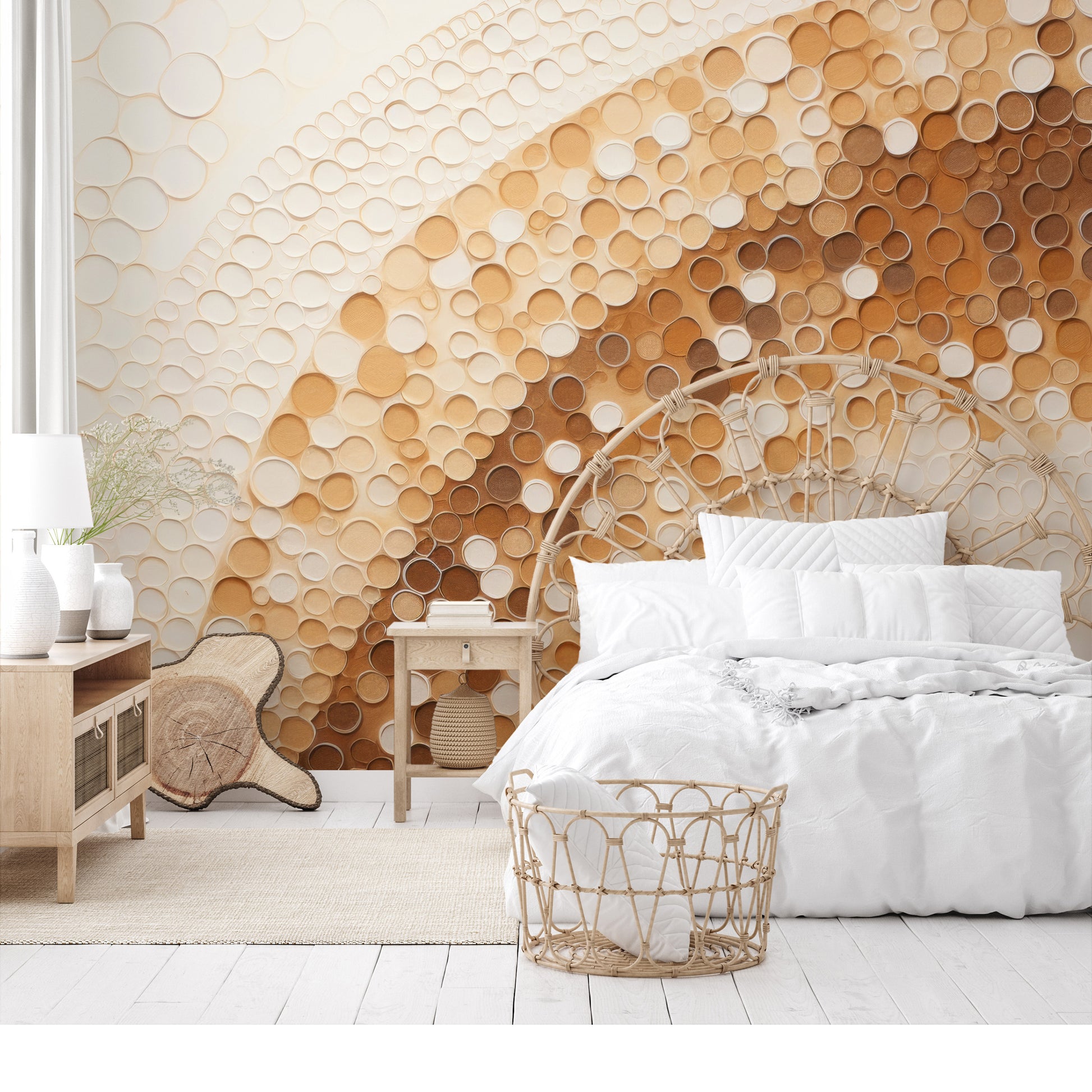 Wzór fototapety malowanej o nazwie GOLDEN BUBBLE SWARM pokazanej w aranżacji wnętrza.