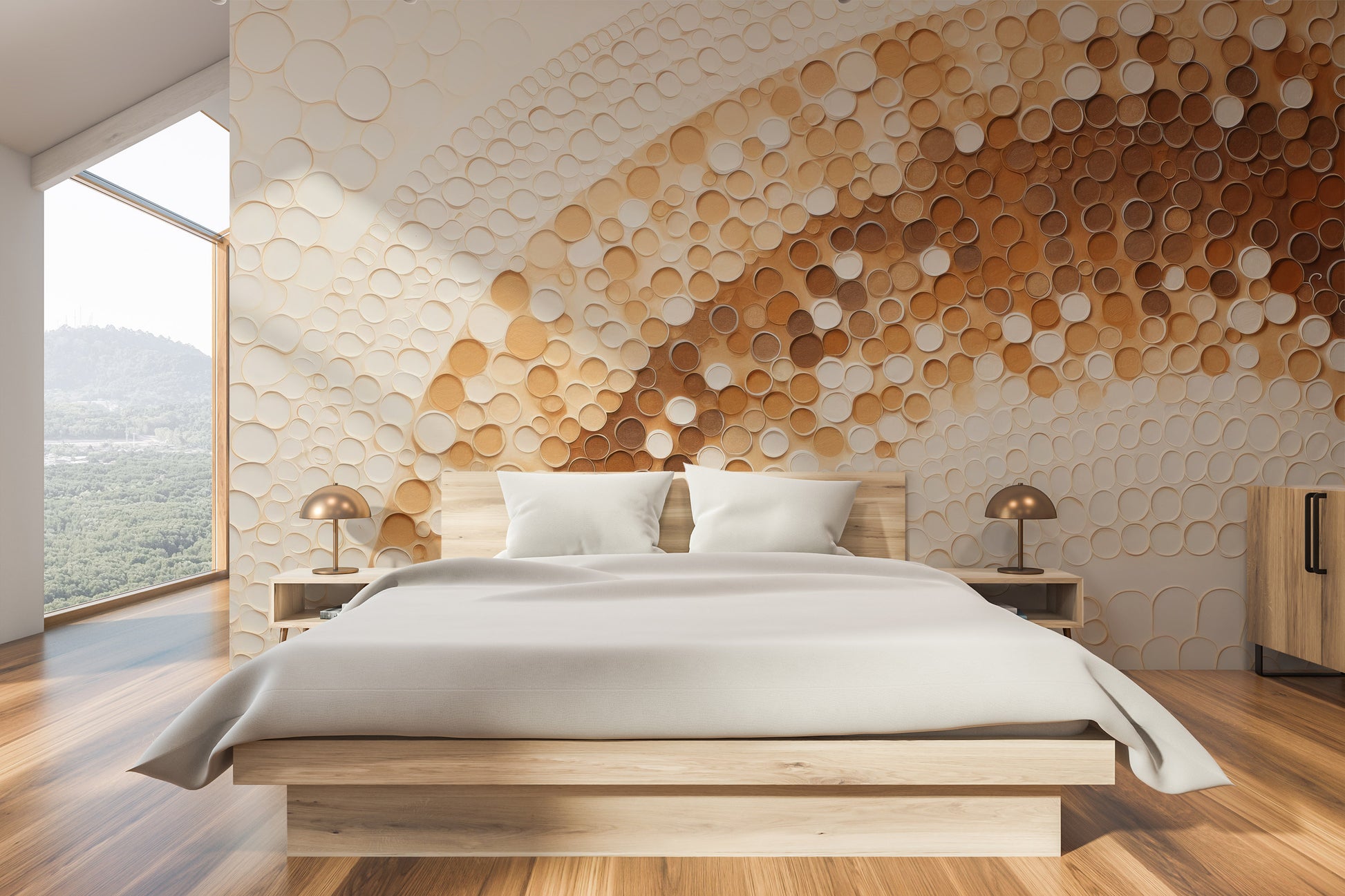 Wzór fototapety o nazwie GOLDEN BUBBLE SWARM pokazanej w kontekście pomieszczenia.