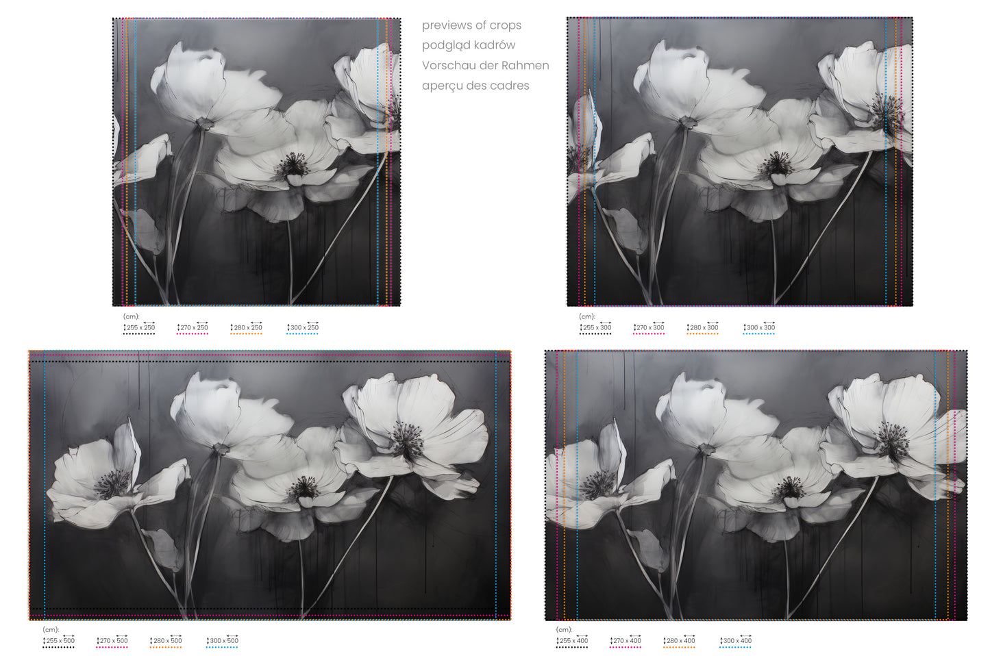 Na obrazie znajduje się prezentacja przykładowych rozmiarów fototapety o nazwie SHADOWED PETALS SYMPHONY. Rozmiar fototapety jest dowolny.