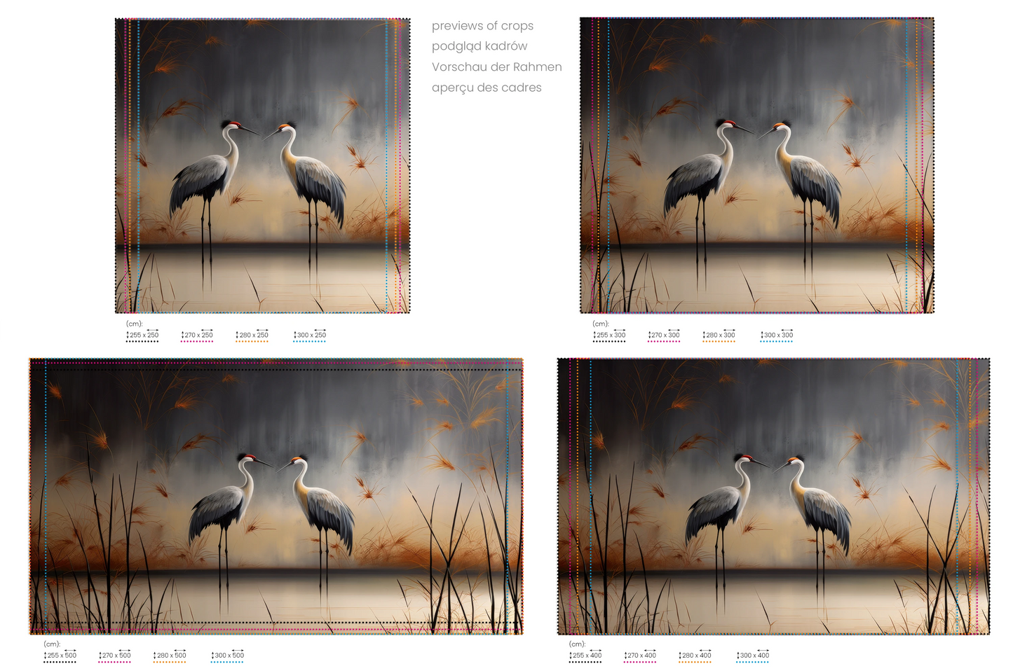 Na obrazie znajduje się prezentacja przykładowych rozmiarów fototapety o nazwie Dusk Serenity. Rozmiar fototapety jest dowolny.