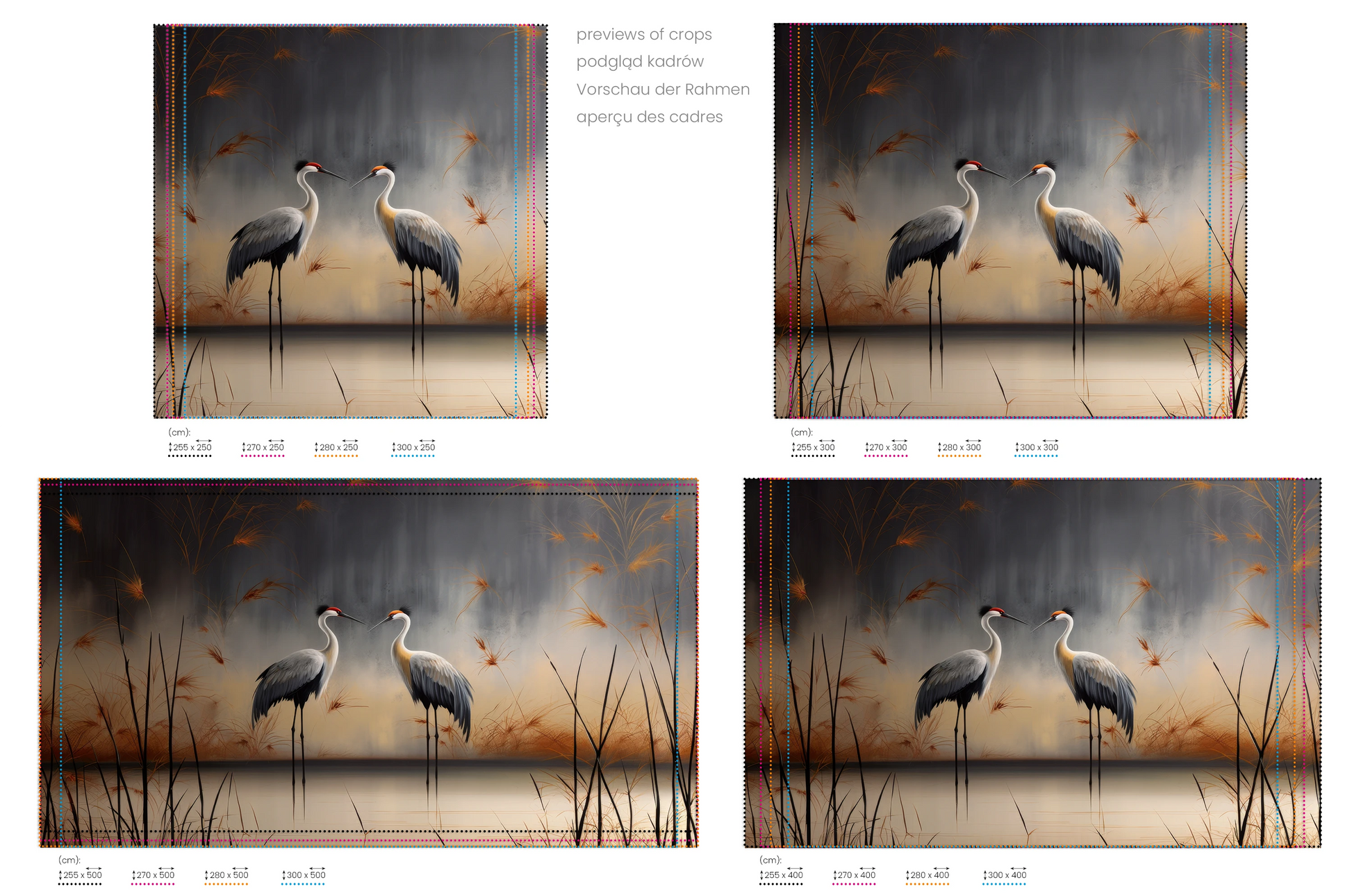 Na obrazie znajduje się prezentacja przykładowych rozmiarów fototapety o nazwie Dusk Serenity. Rozmiar fototapety jest dowolny.