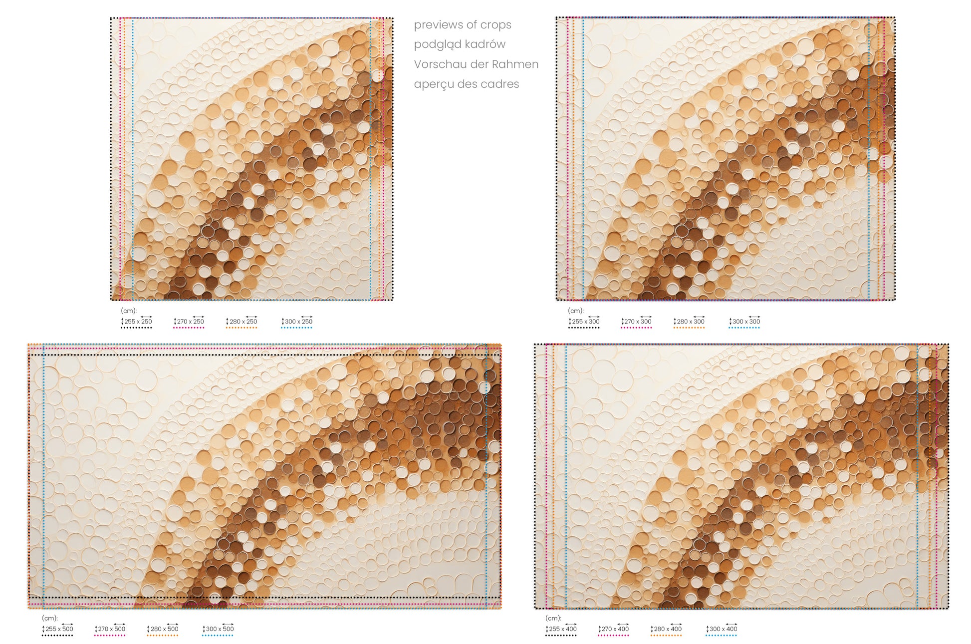 Na obrazie znajduje się prezentacja przykładowych rozmiarów fototapety o nazwie GOLDEN BUBBLE SWARM. Rozmiar fototapety jest dowolny.