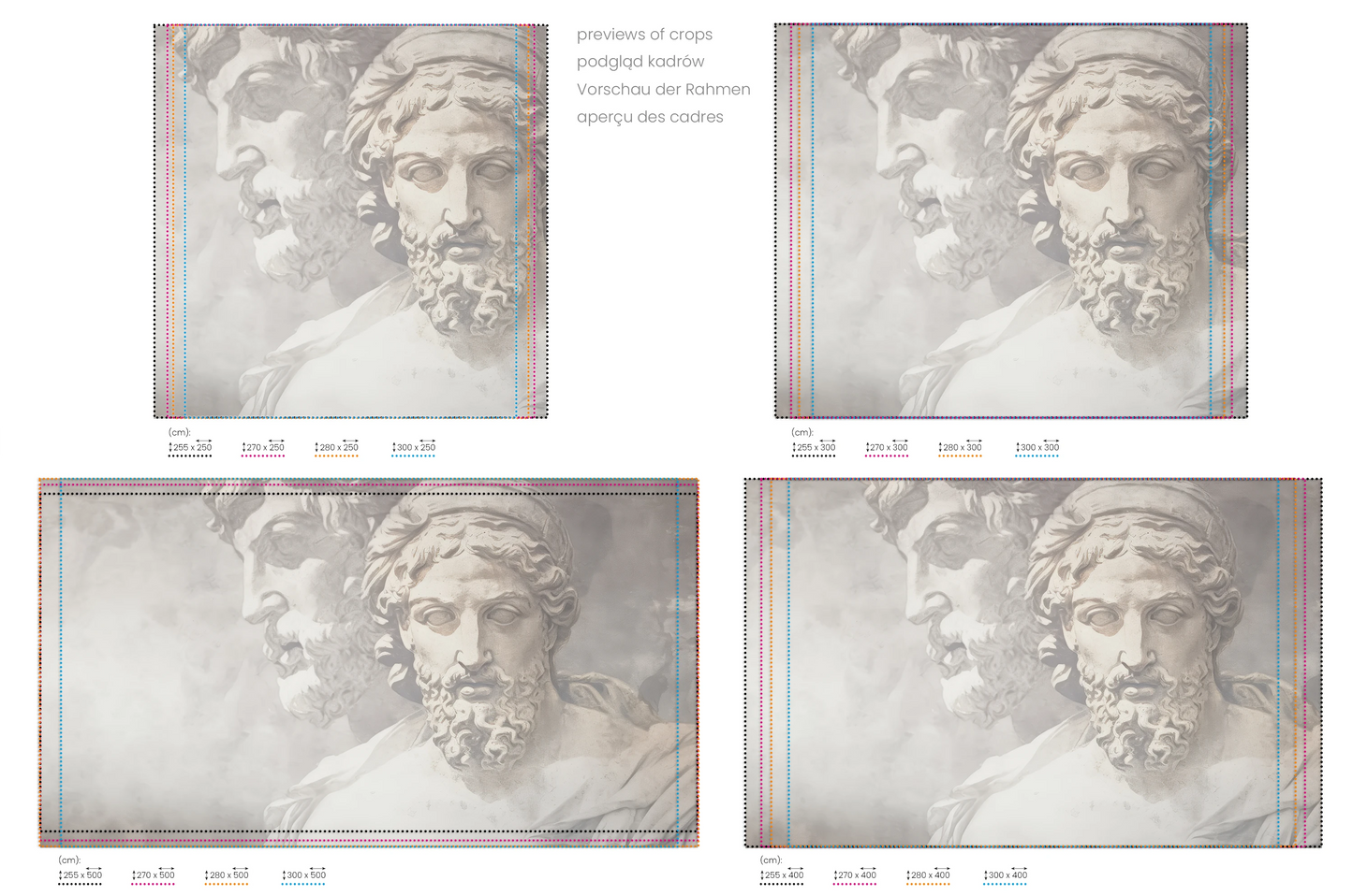 Na obrazie znajduje się prezentacja przykładowych rozmiarów fototapety o nazwie Marble Discourse. Rozmiar fototapety jest dowolny.