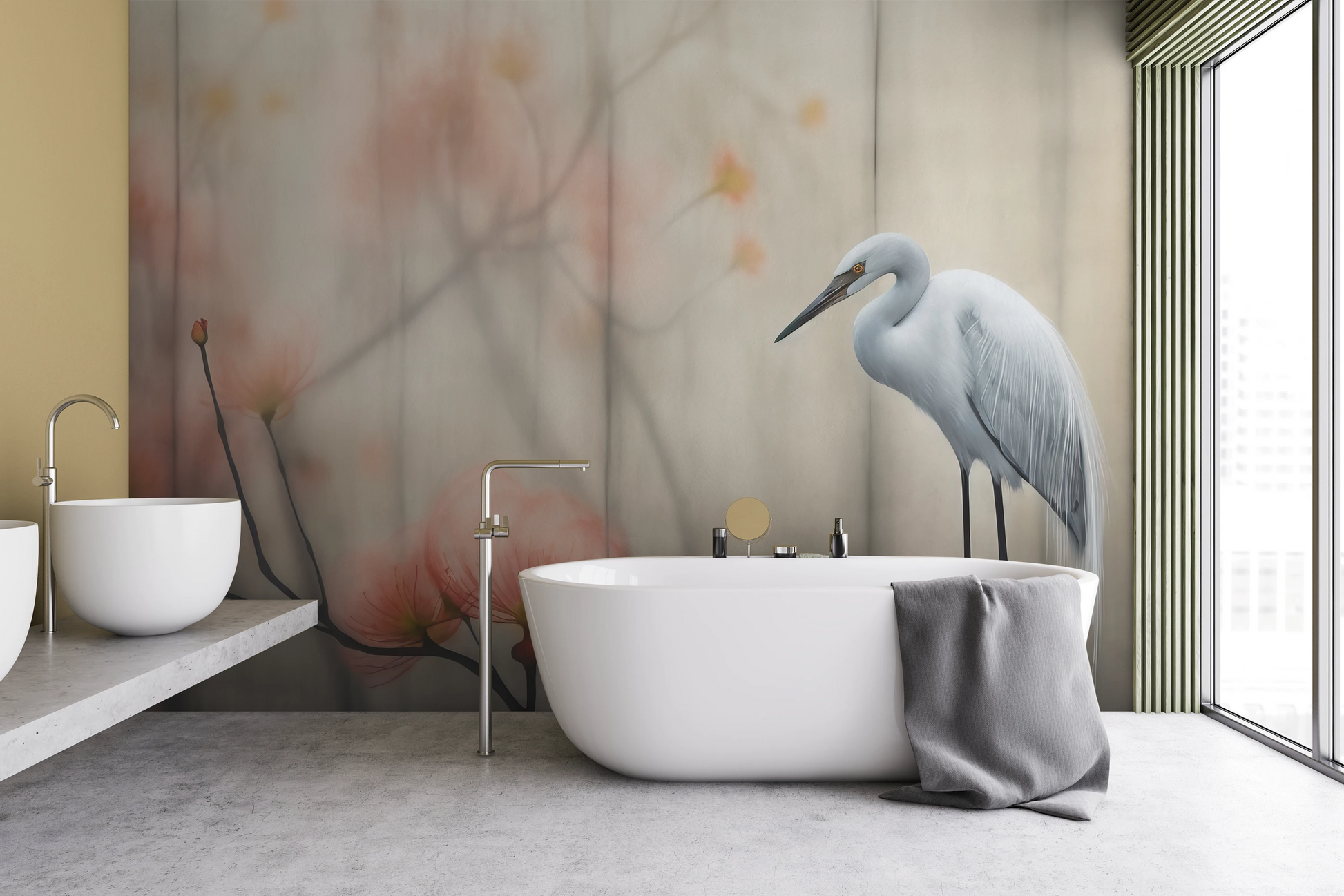 Zdjęcie prezentuje aranżację wnętrza z użyciem fototapety o nazwie Solitary Heron pokazanej w aranżacji wnętrza.