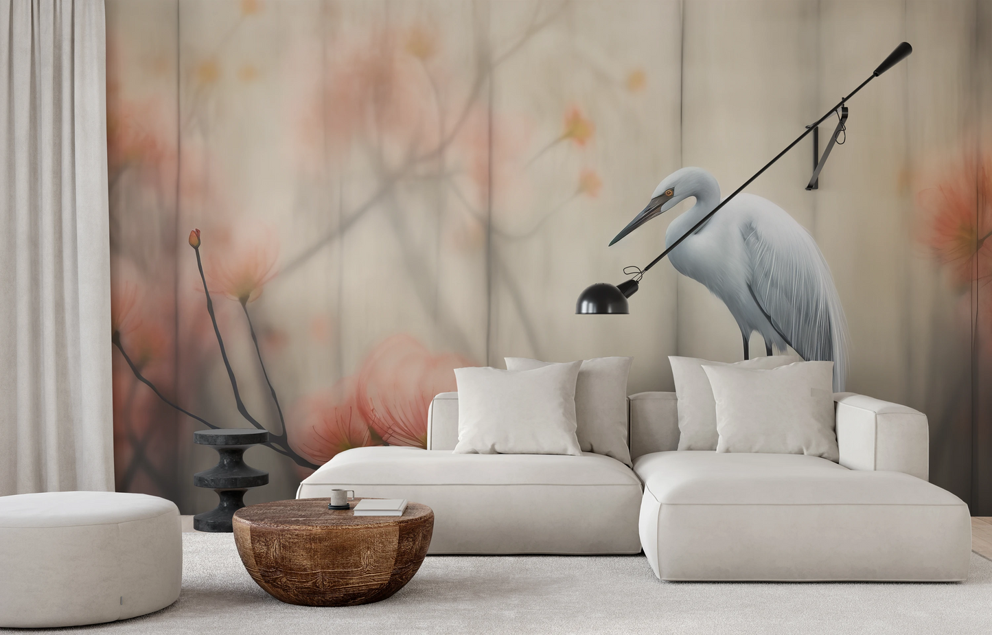 Wzór fototapety artystycznej o nazwie Solitary Heron pokazanej w aranżacji wnętrza.