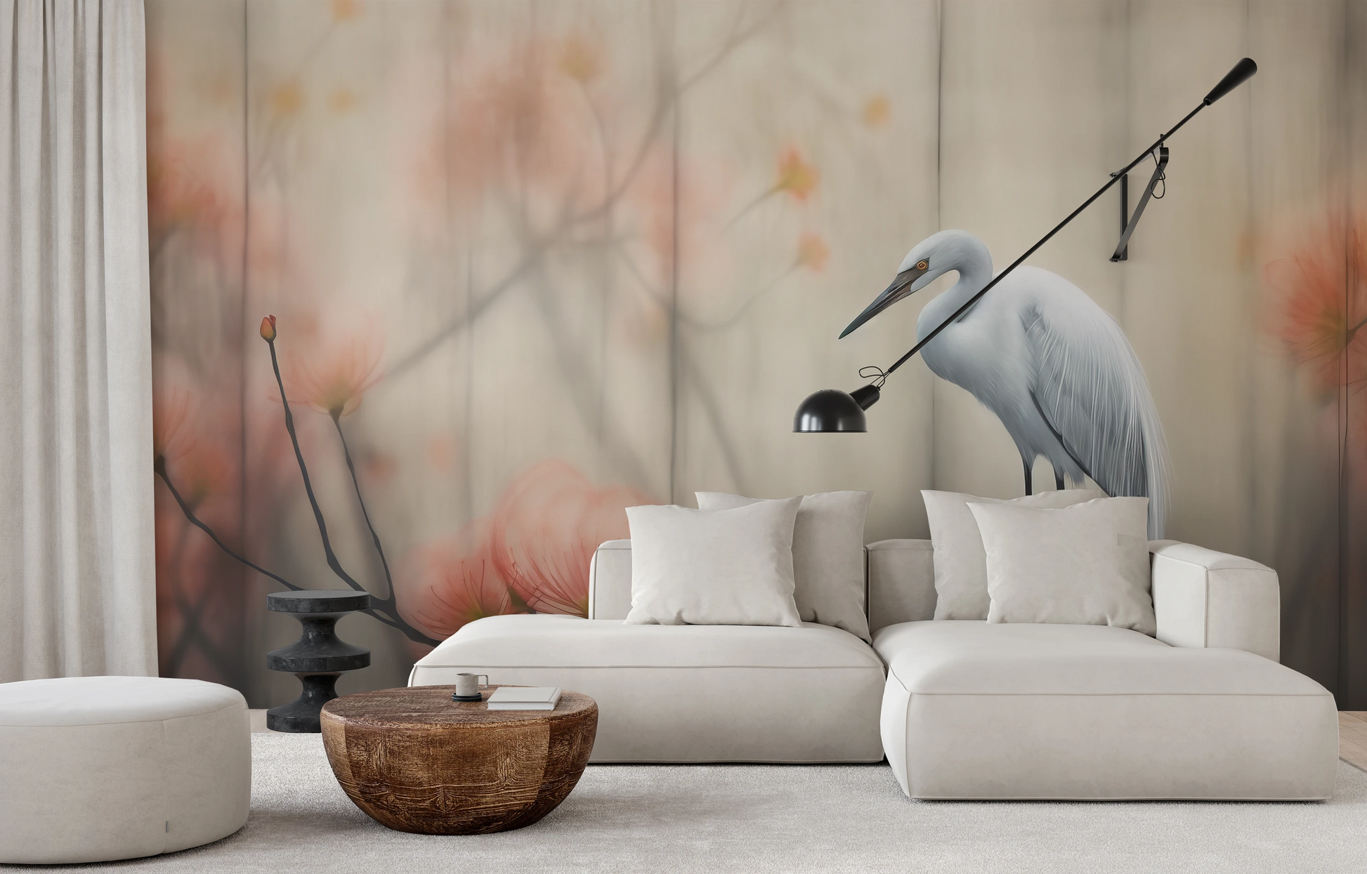 Wzór fototapety artystycznej o nazwie Solitary Heron pokazanej w aranżacji wnętrza.