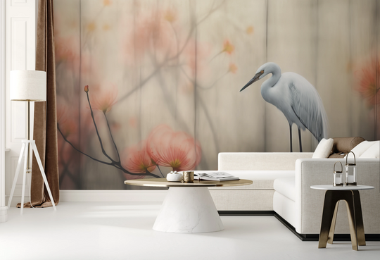 Wzór fototapety artystycznej o nazwie Solitary Heron pokazanej w aranżacji wnętrza.