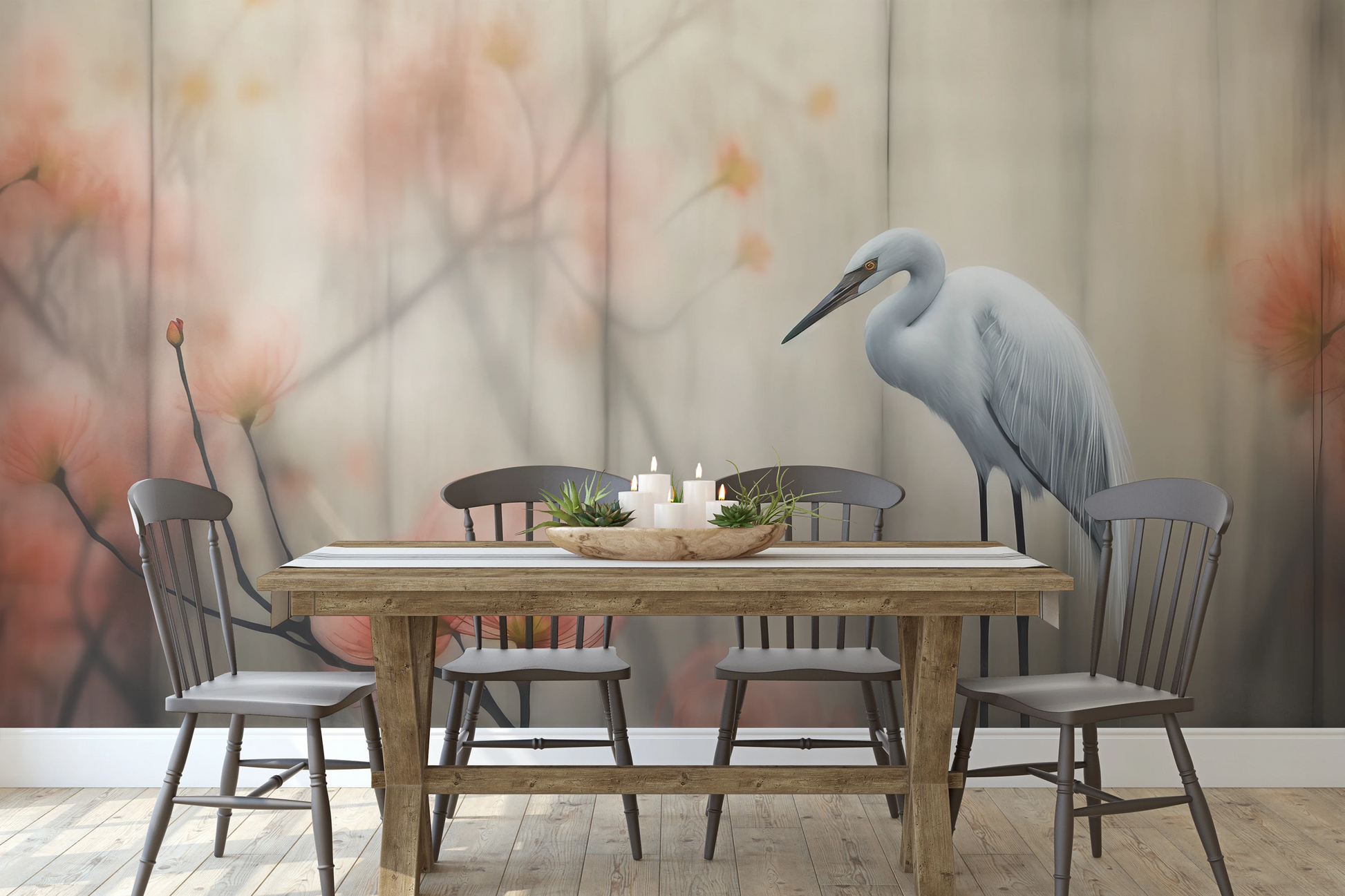 Wzór fototapety o nazwie Solitary Heron pokazanej w kontekście pomieszczenia.