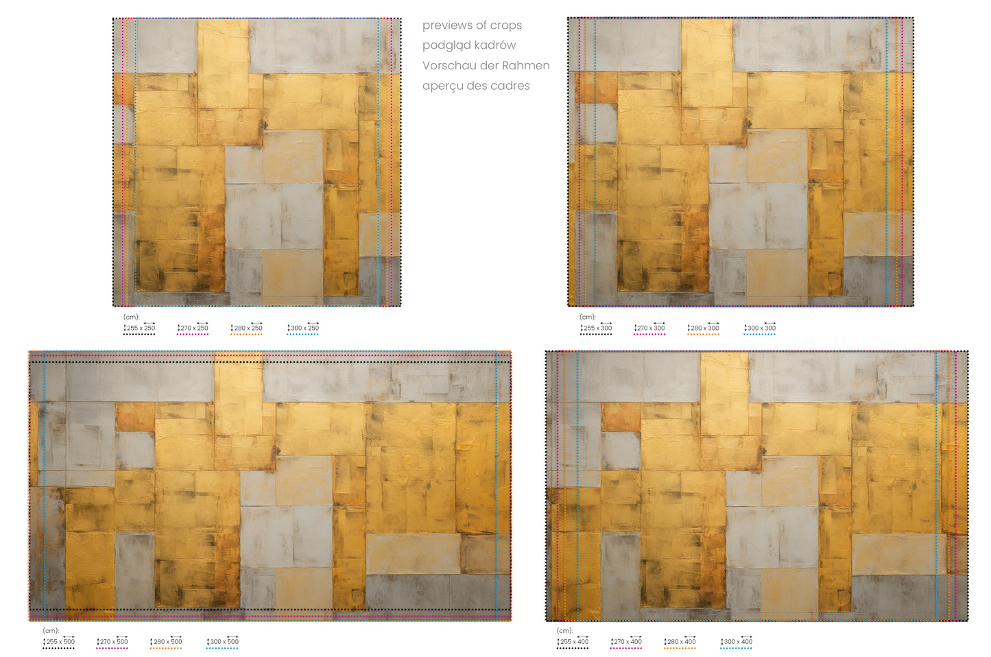 Na obrazie znajduje się prezentacja przykładowych rozmiarów fototapety o nazwie Gilded Blocks. Rozmiar fototapety jest dowolny.