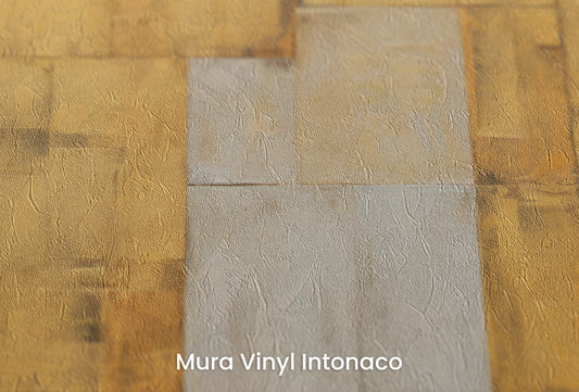 Zbliżenie na artystyczną fototapetę o nazwie Gilded Blocks na podłożu Mura Vinyl Intonaco - struktura tartego tynku.