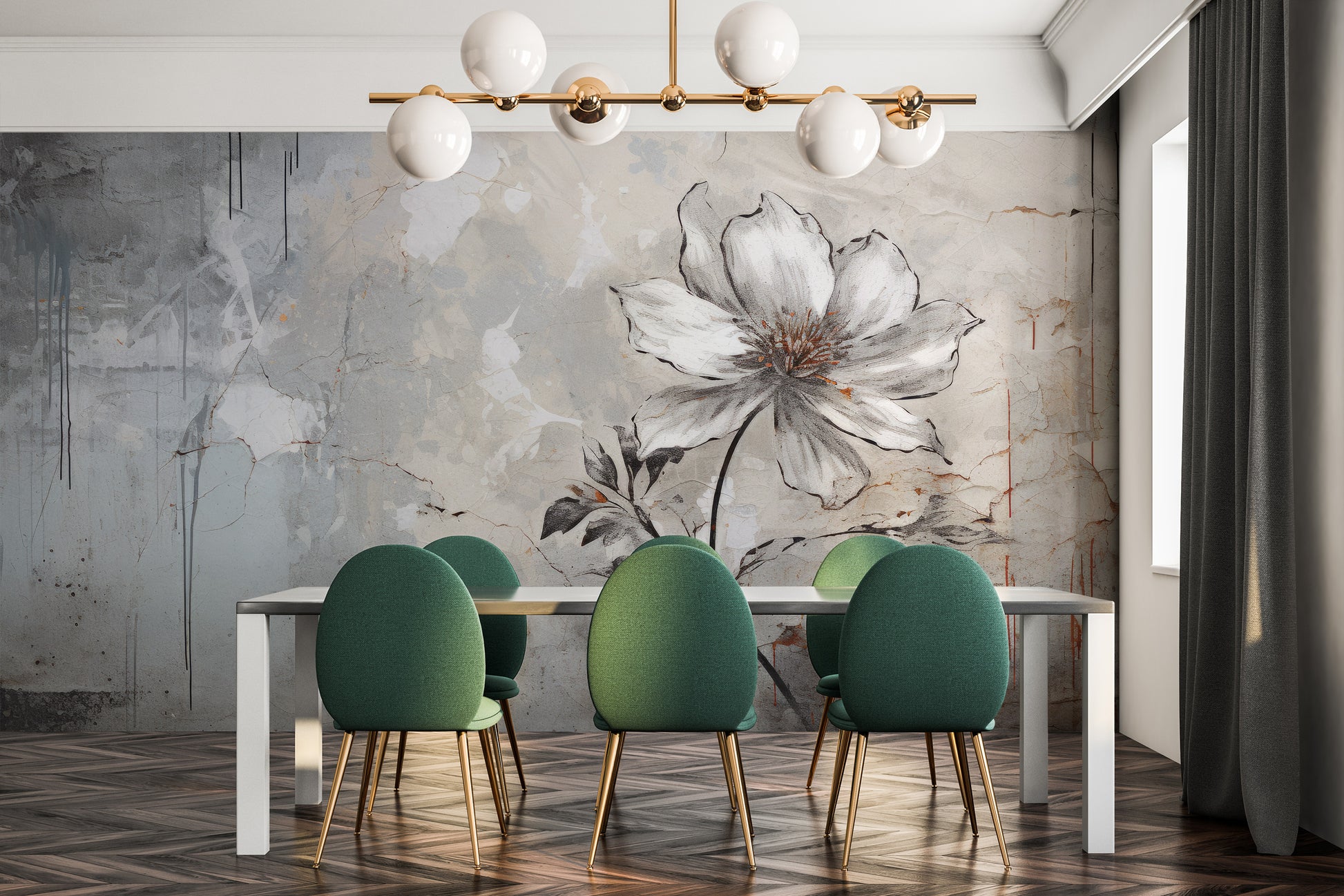 Fototapeta malowana o nazwie INDUSTRIAL FLOWER ELEGANCE pokazana w aranżacji wnętrza.