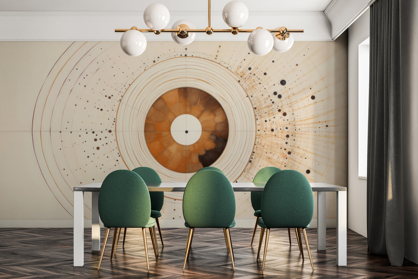 Zdjęcie prezentuje aranżację wnętrza z użyciem fototapety o nazwie SOLAR ECHO IN WARM NEUTRALS pokazanej w aranżacji wnętrza.