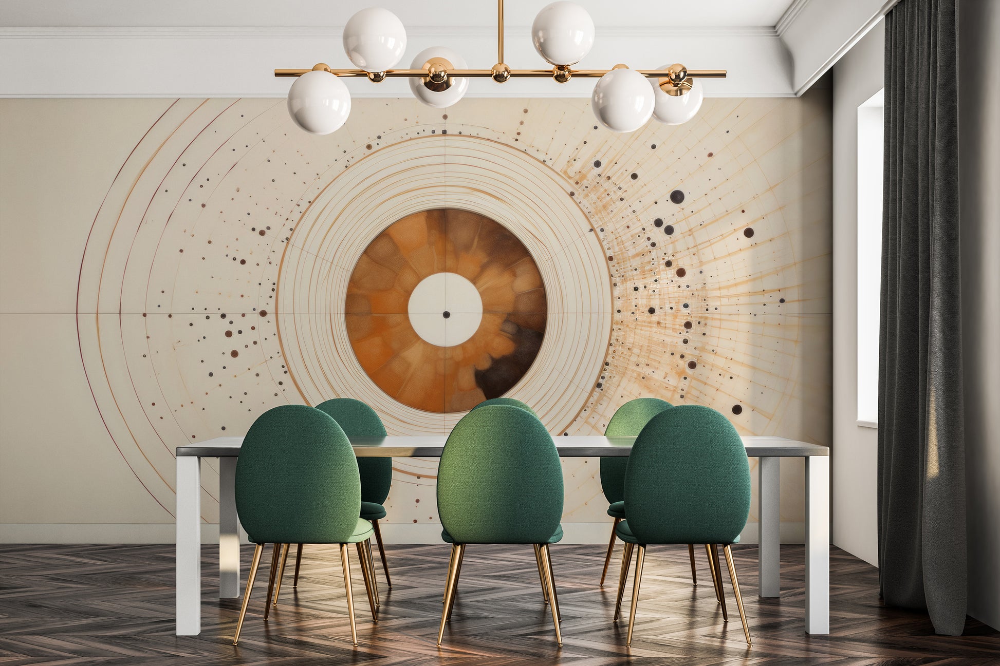 Zdjęcie prezentuje aranżację wnętrza z użyciem fototapety o nazwie SOLAR ECHO IN WARM NEUTRALS pokazanej w aranżacji wnętrza.