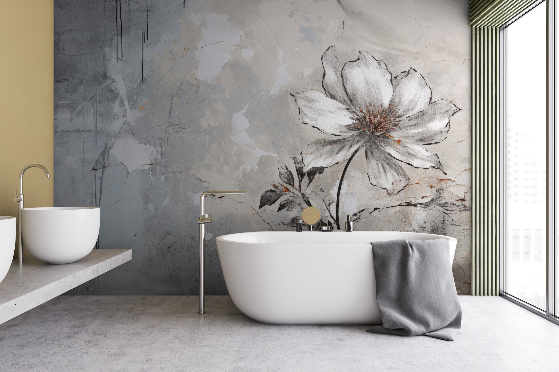 Wzór fototapety malowanej o nazwie INDUSTRIAL FLOWER ELEGANCE pokazanej w aranżacji wnętrza.