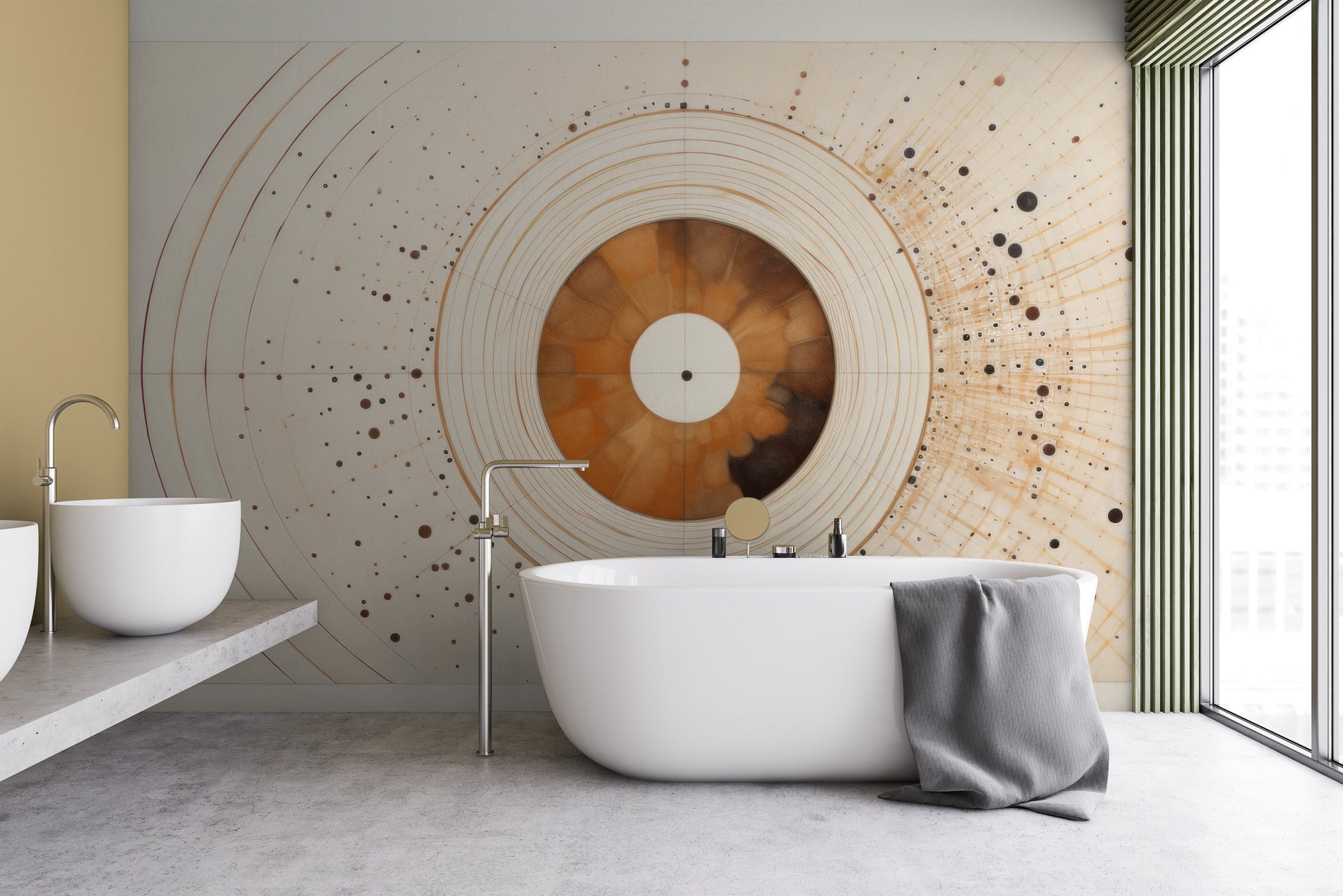 Wzór fototapety o nazwie SOLAR ECHO IN WARM NEUTRALS pokazanej w kontekście pomieszczenia.