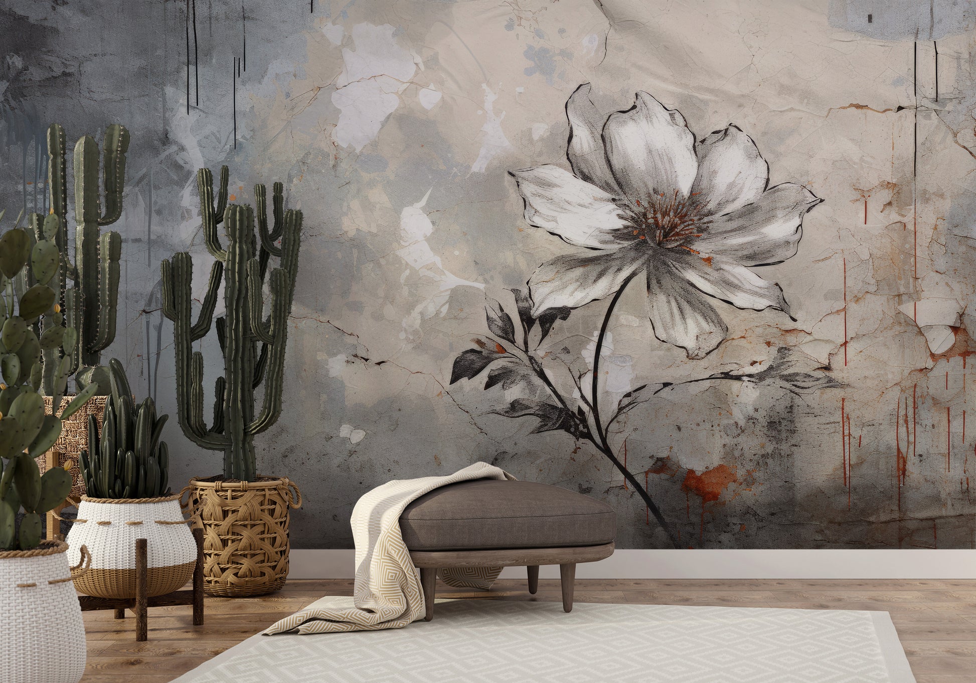 Zdjęcie prezentuje aranżację wnętrza z użyciem fototapety o nazwie INDUSTRIAL FLOWER ELEGANCE pokazanej w aranżacji wnętrza.