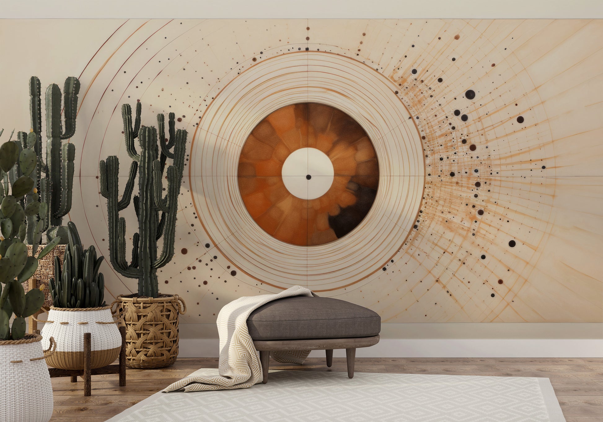 Fototapeta malowana o nazwie SOLAR ECHO IN WARM NEUTRALS pokazana w aranżacji wnętrza.