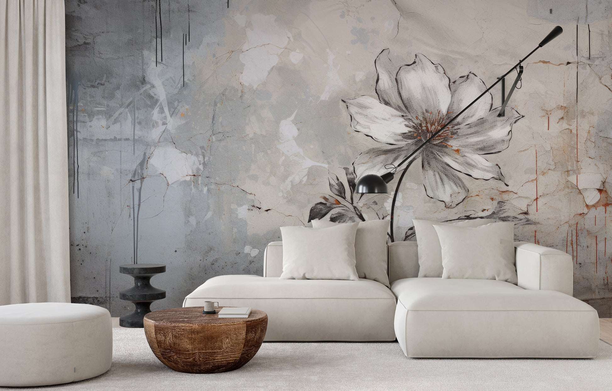 Fototapeta artystyczna o nazwie INDUSTRIAL FLOWER ELEGANCE pokazana w aranżacji wnętrza.