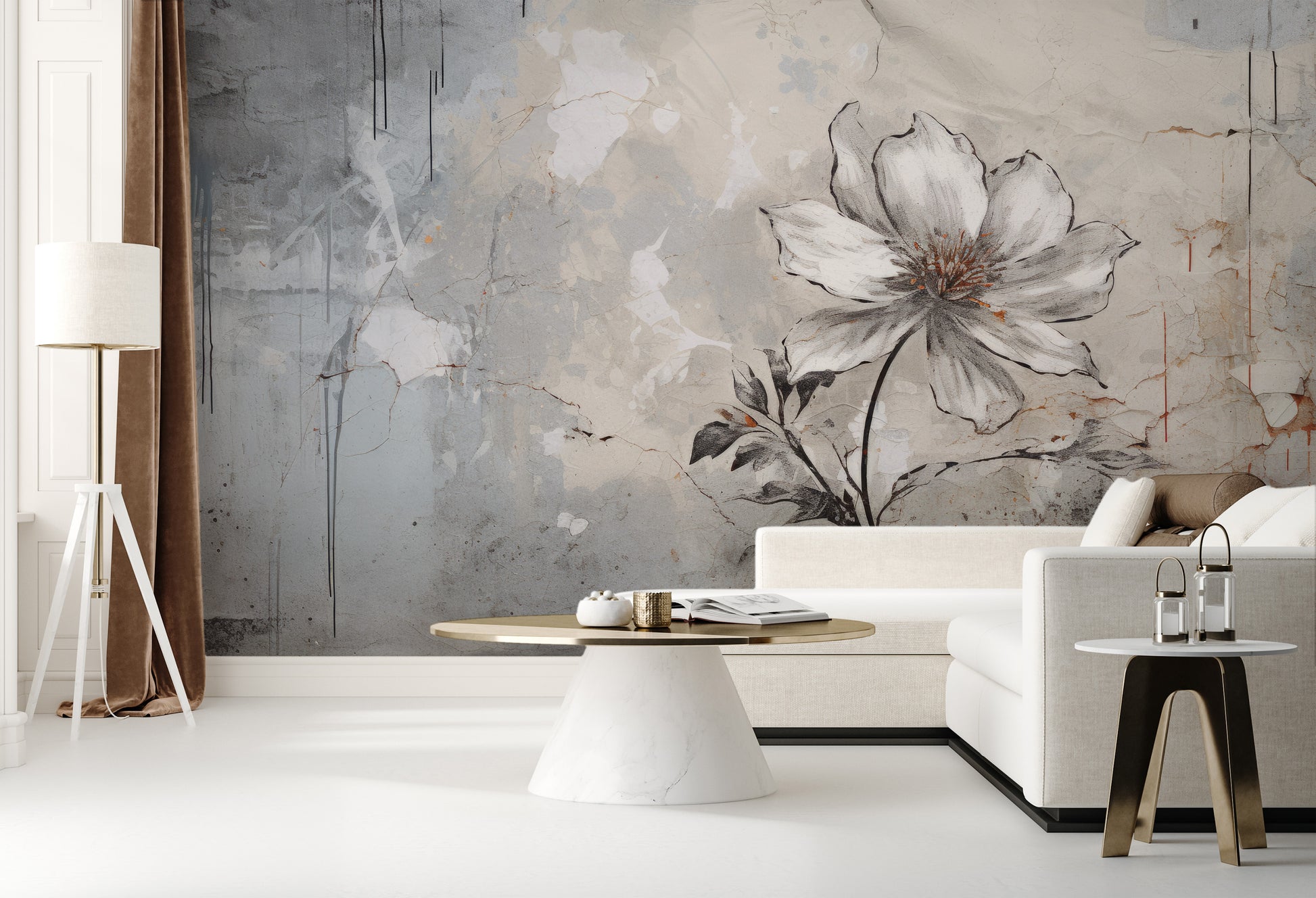 Wzór fototapety o nazwie INDUSTRIAL FLOWER ELEGANCE pokazanej w kontekście pomieszczenia.