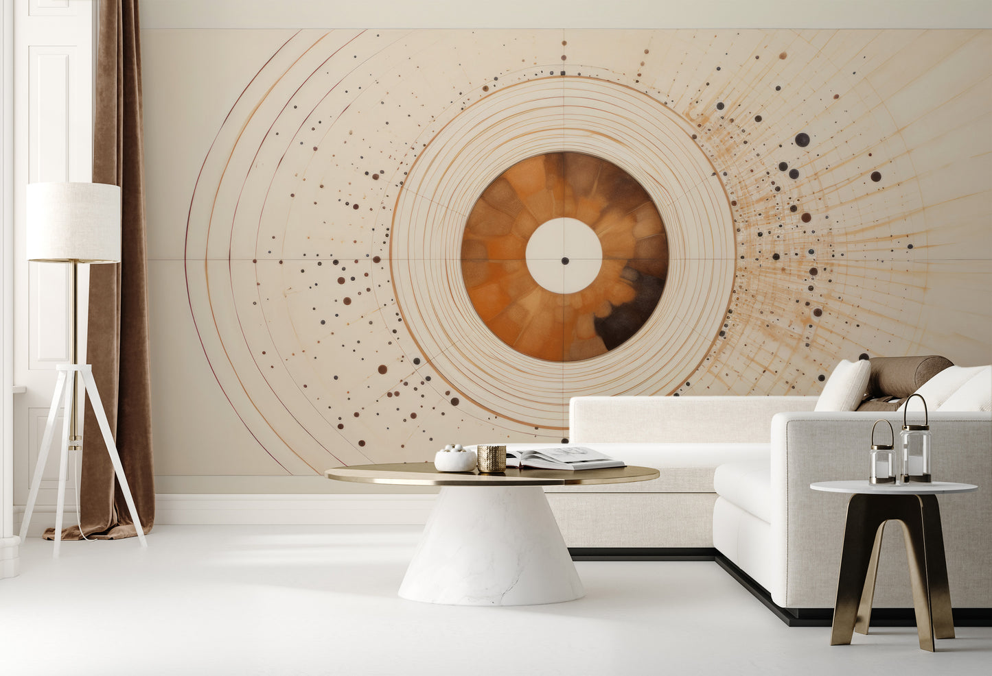 Wzór fototapety malowanej o nazwie SOLAR ECHO IN WARM NEUTRALS pokazanej w aranżacji wnętrza.